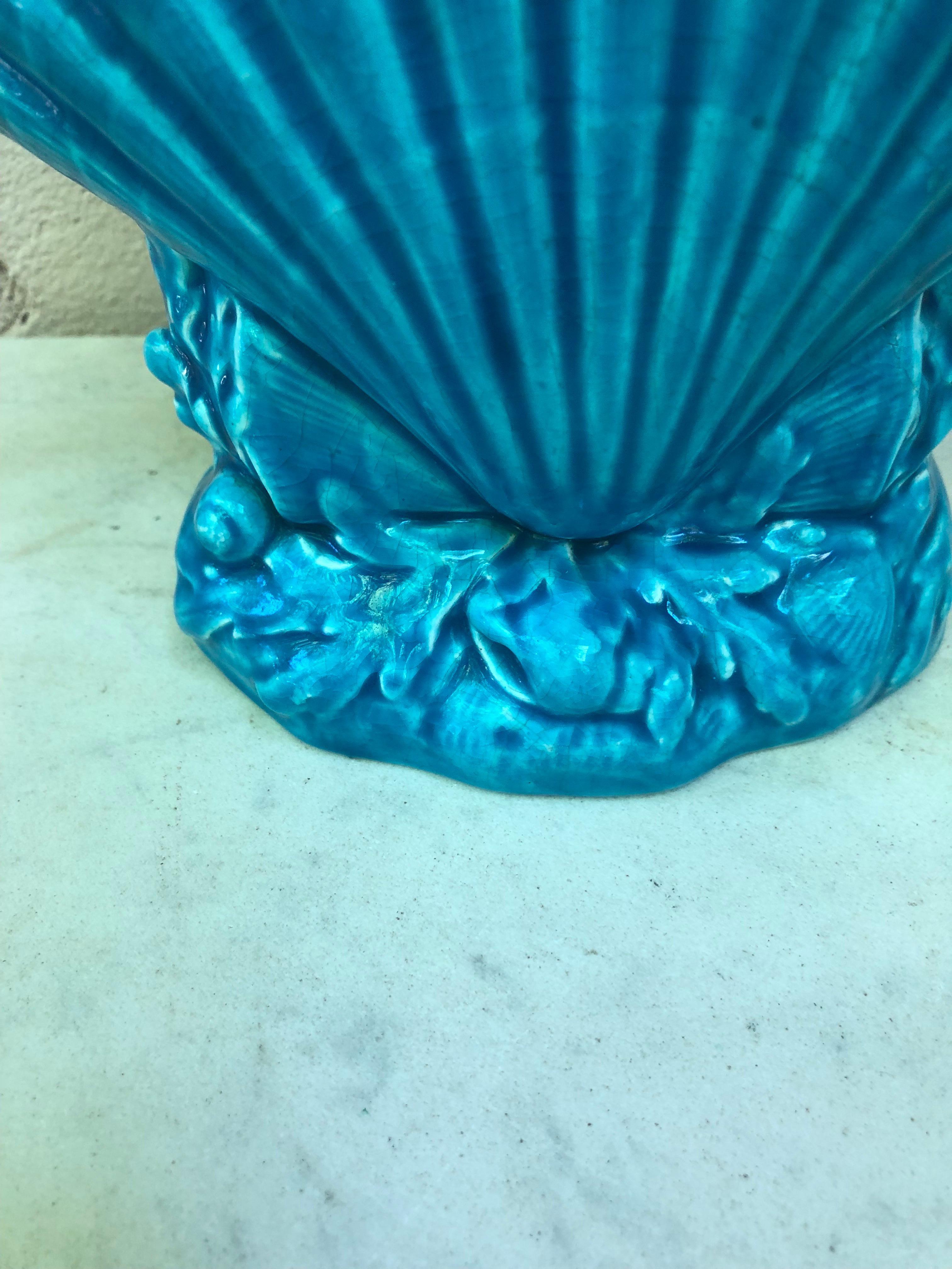 Victorian 19th Century Minton Majolica Shell Posy Aqua Vase