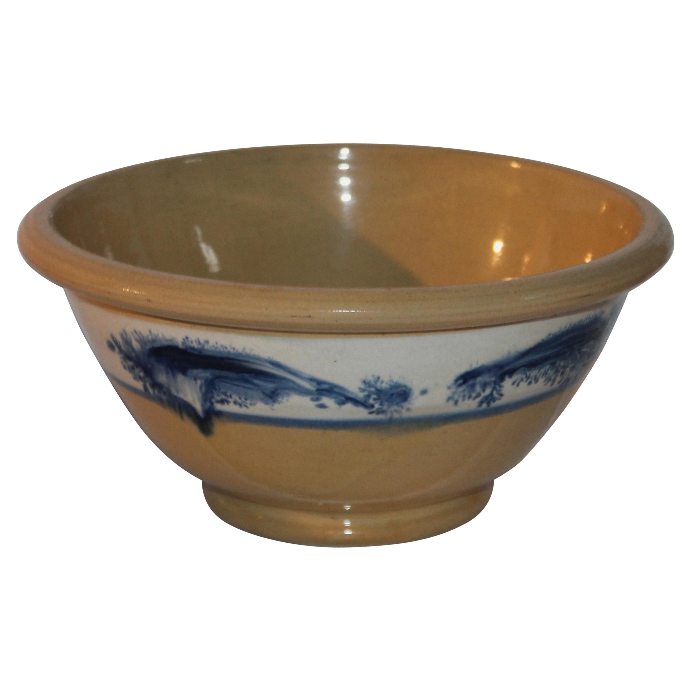 19th Century Mocha Blue Seaweed Yellow Ware Mixing Bowl For Sale