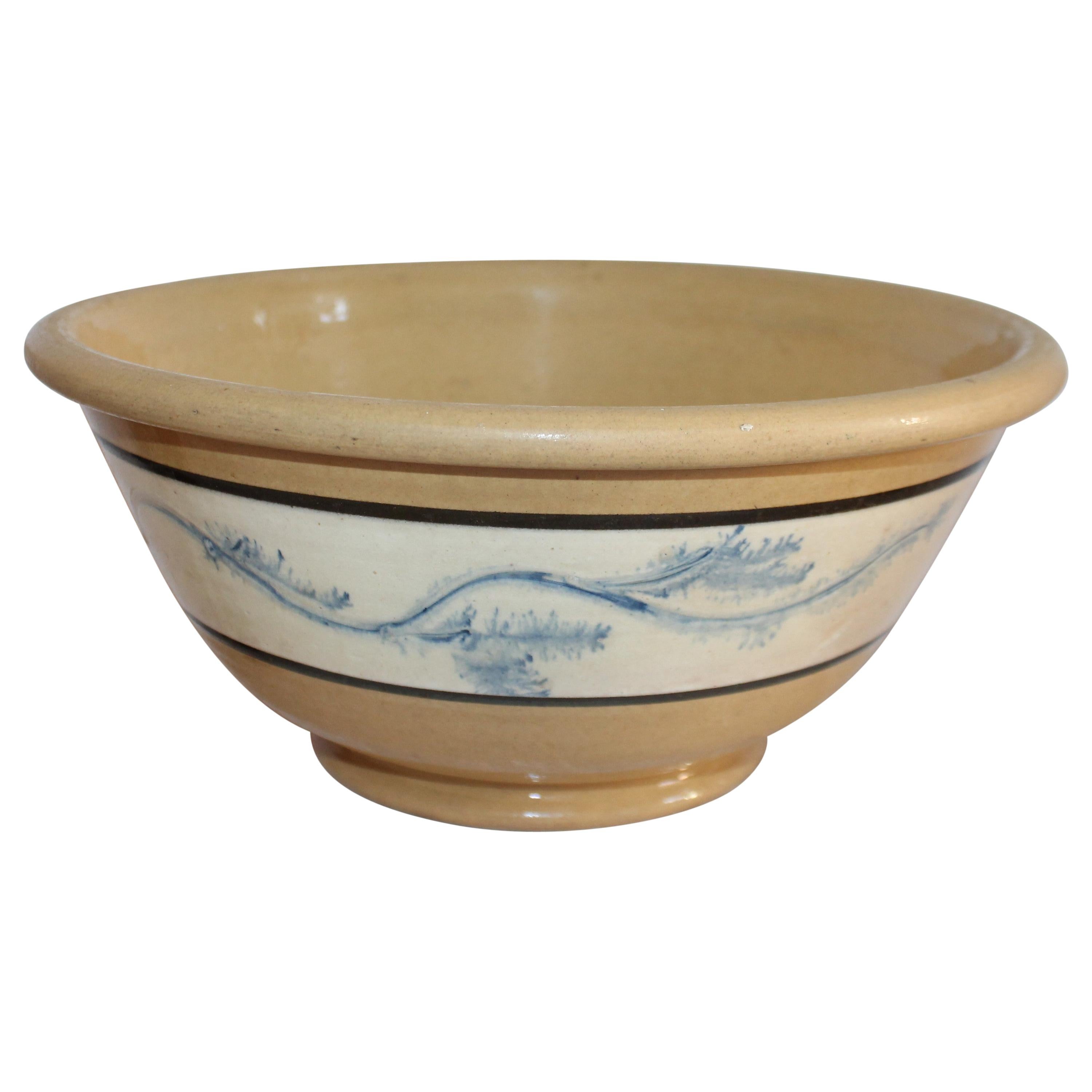 19th Century Mocha Yellow Ware Mixing Bowl with Blue Seaweed For Sale