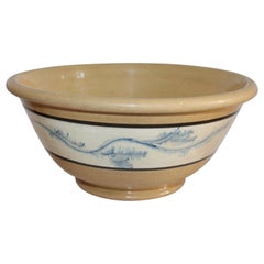 19th Century Mocha Yellow Ware Mixing Bowl with Blue Seaweed