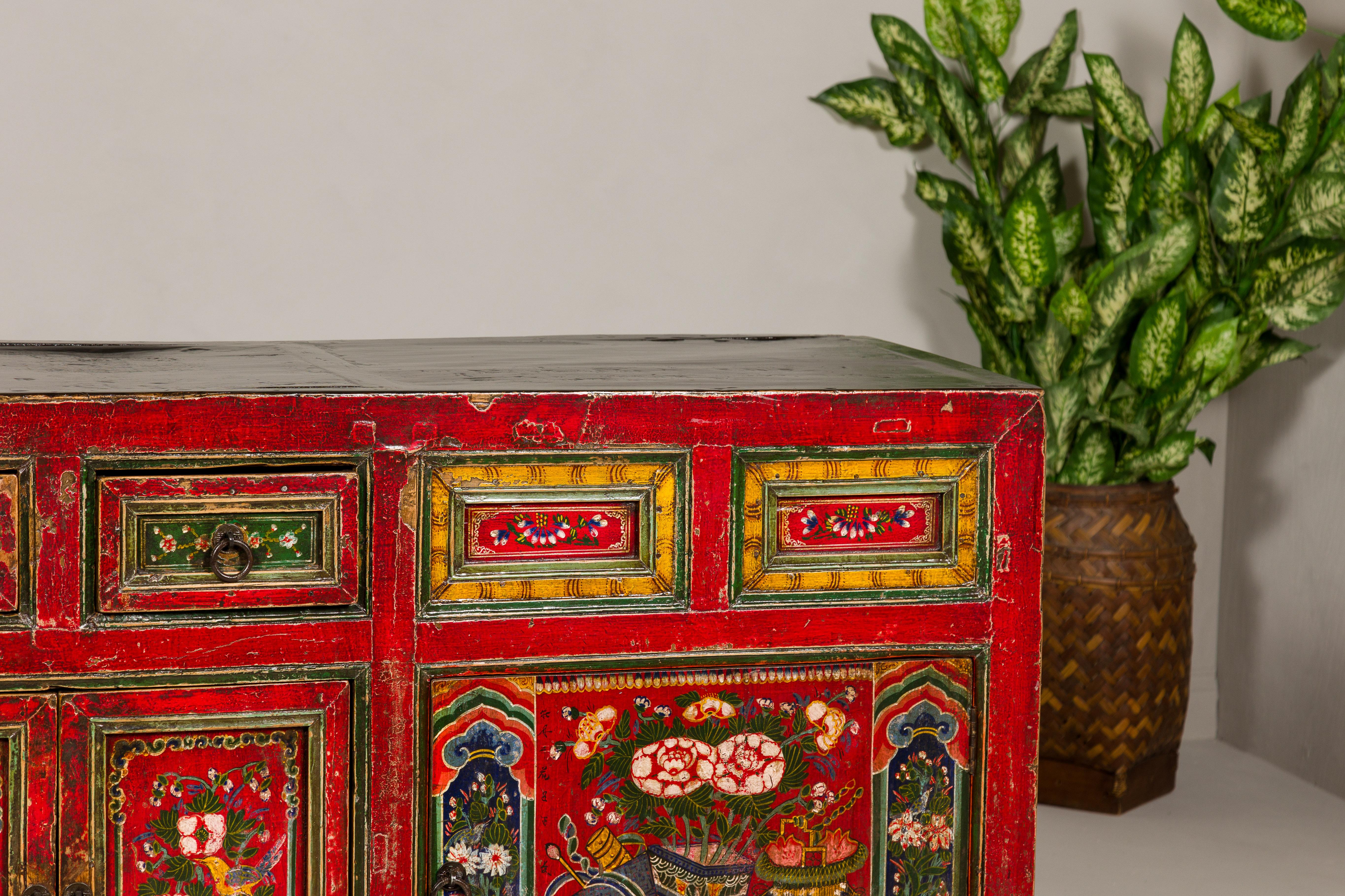19th Century Mongolian Polychrome Sideboard with Doors, Drawers and Floral Décor For Sale 5