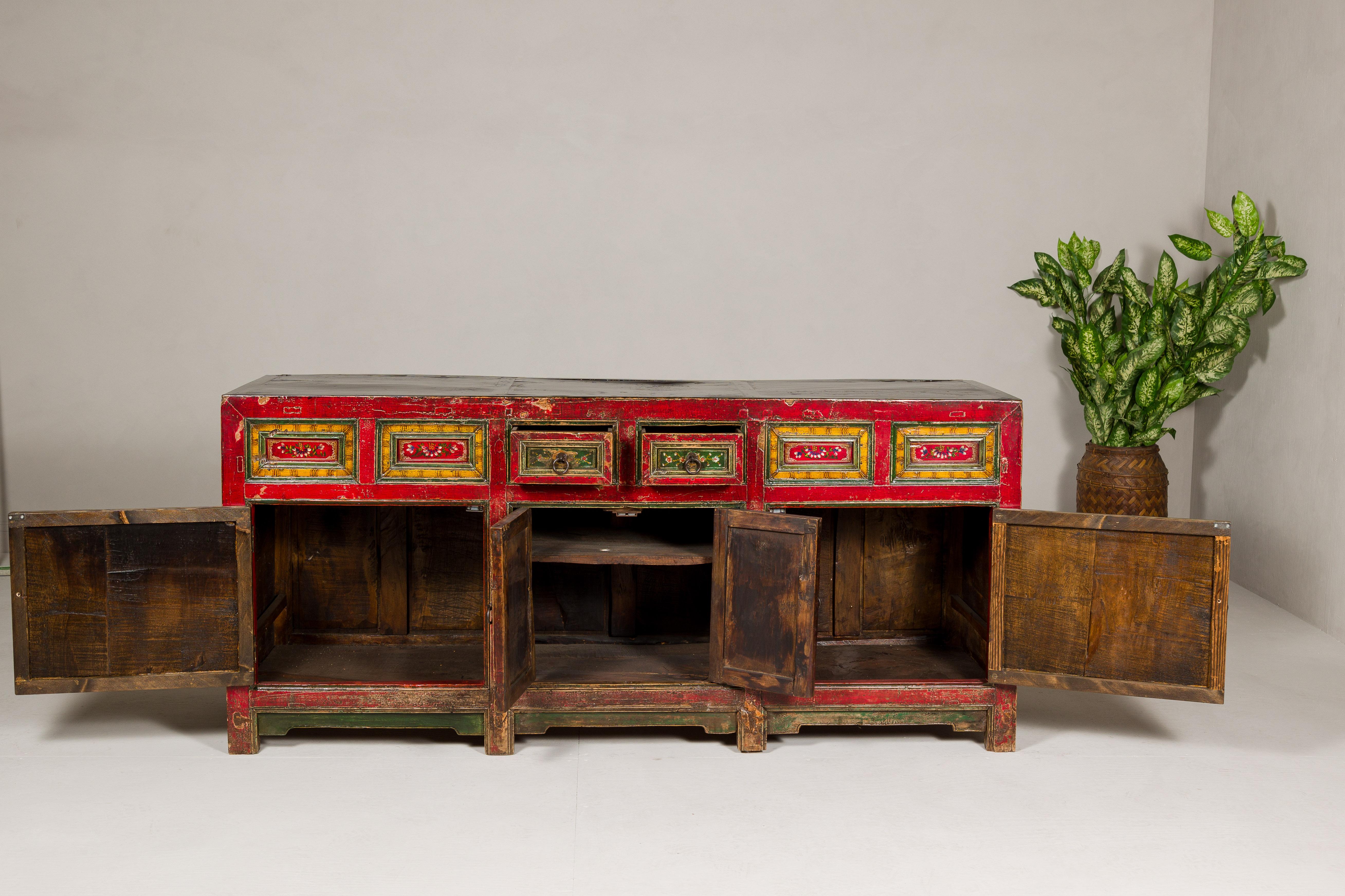 19th Century Mongolian Polychrome Sideboard with Doors, Drawers and Floral Décor 6