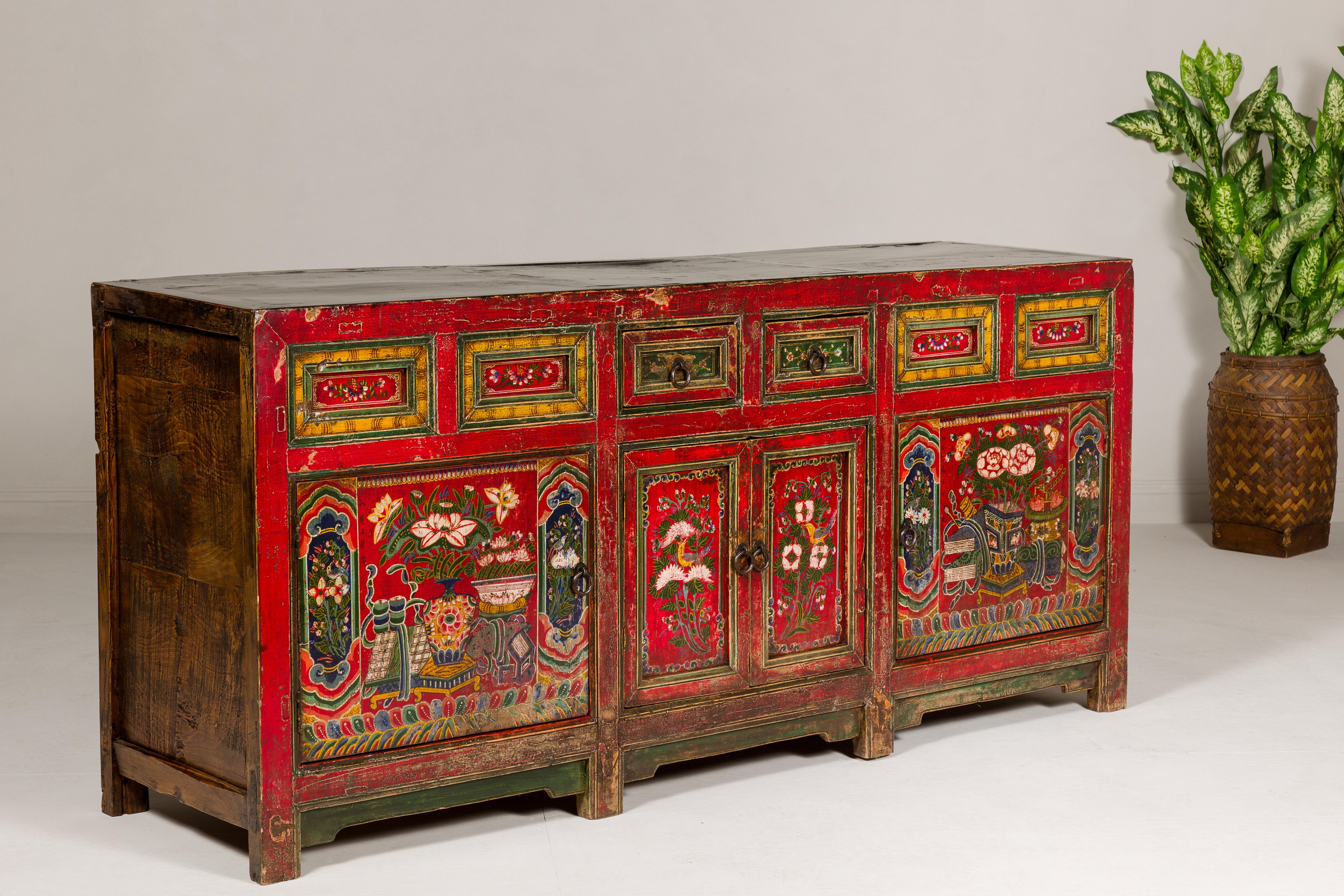 19th Century Mongolian Polychrome Sideboard with Doors, Drawers and Floral Décor 7