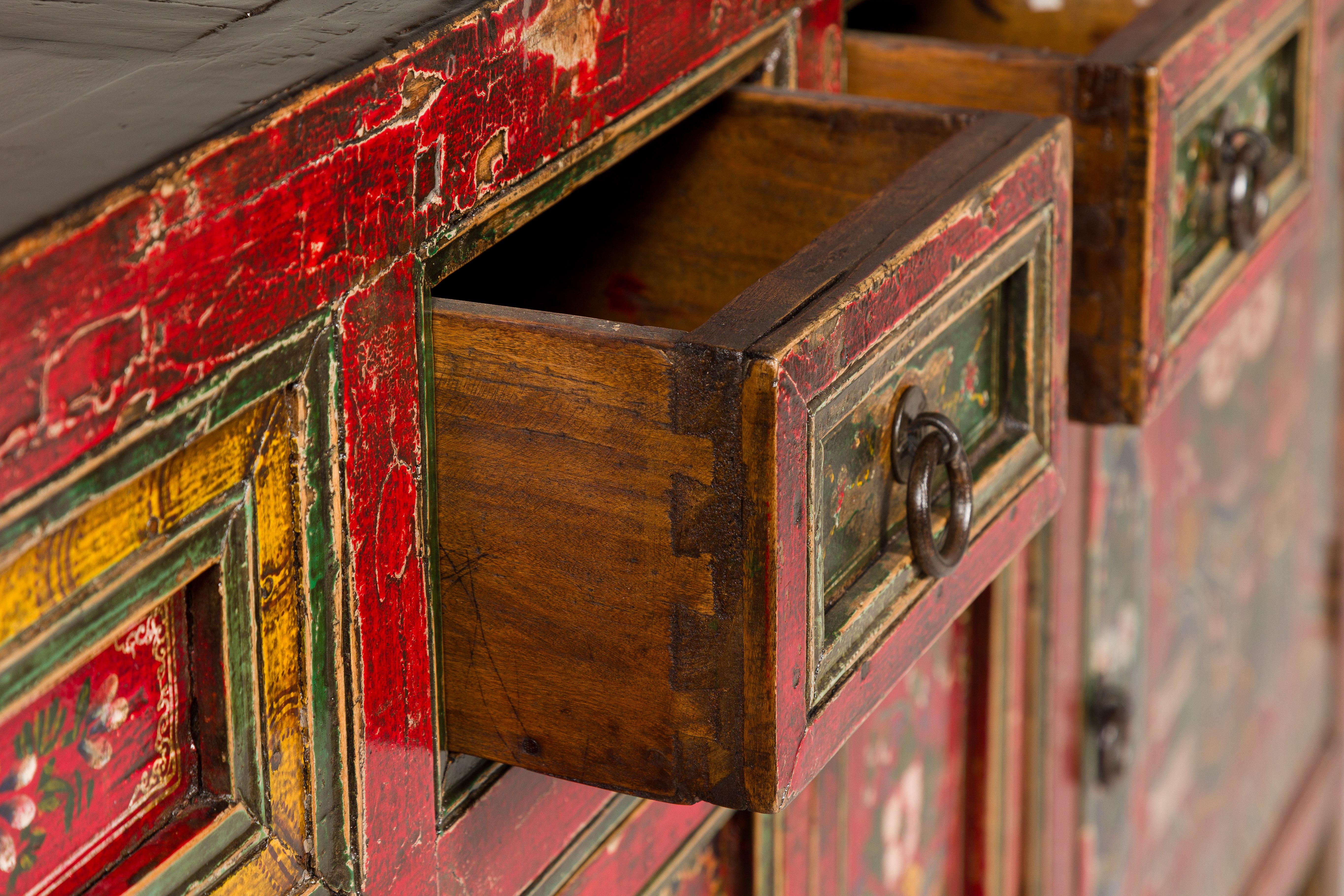 19th Century Mongolian Polychrome Sideboard with Doors, Drawers and Floral Décor 8
