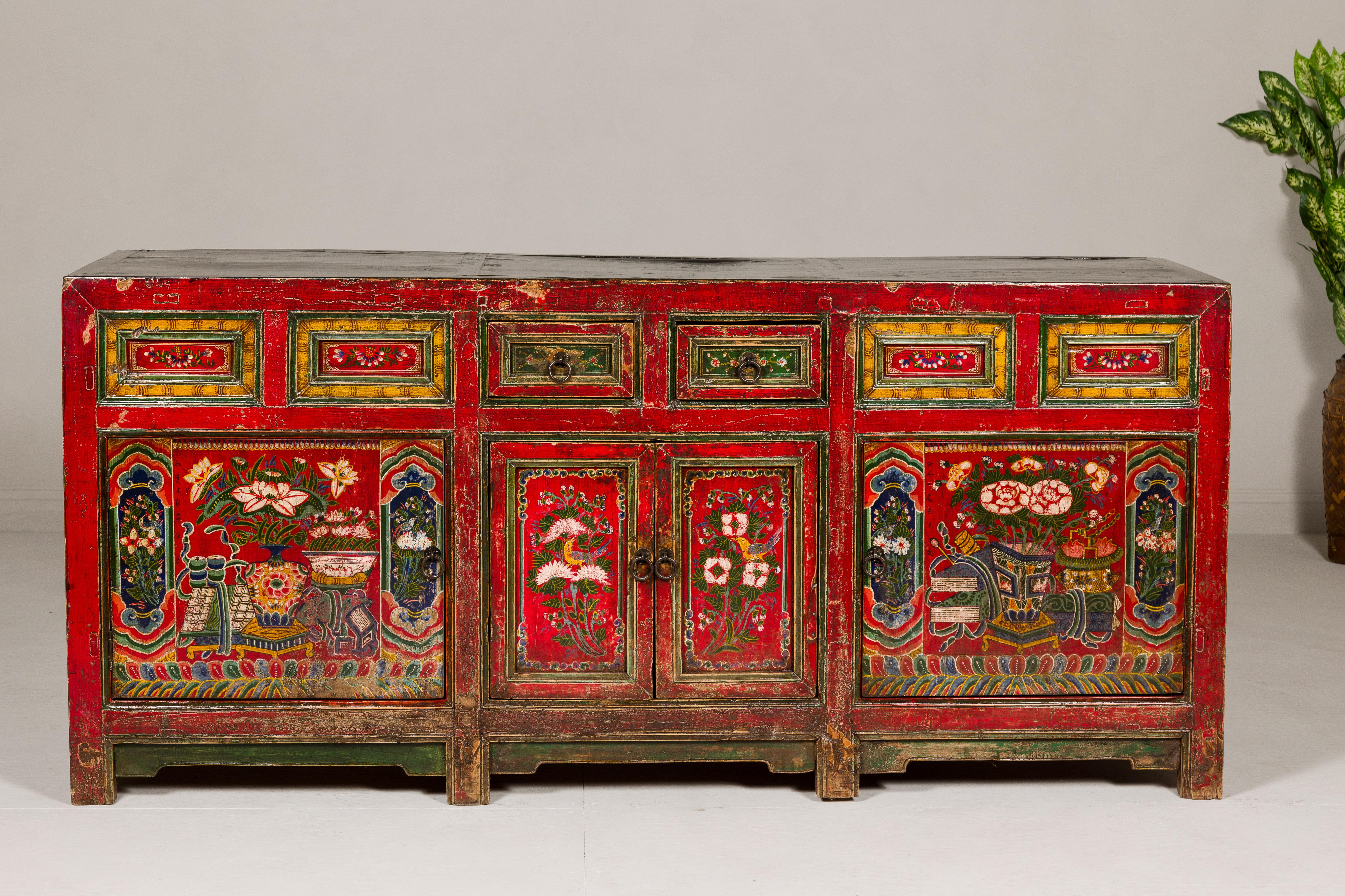 19th Century Mongolian Polychrome Sideboard with Doors, Drawers and Floral Décor 9
