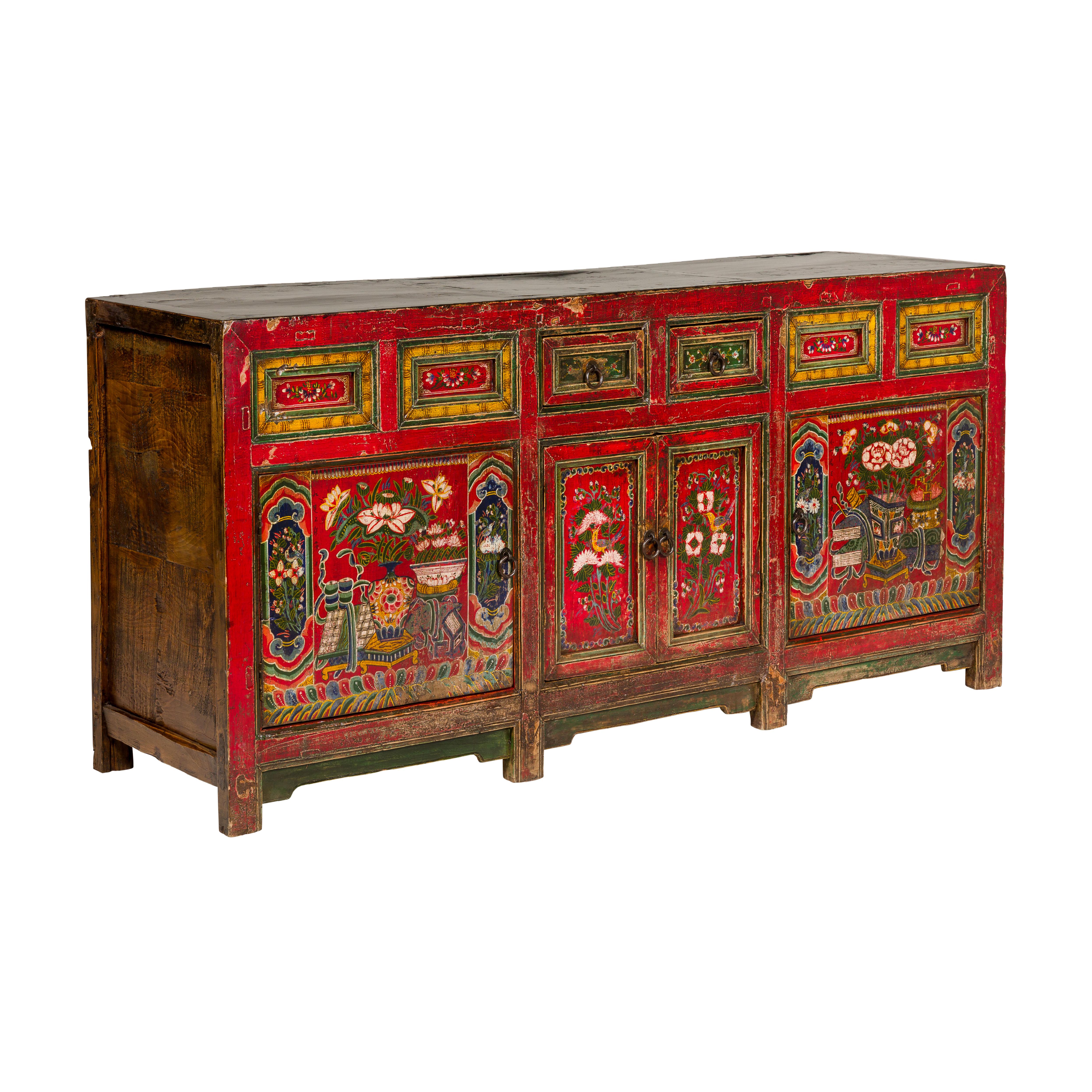 19th Century Mongolian Polychrome Sideboard with Doors, Drawers and Floral Décor 14