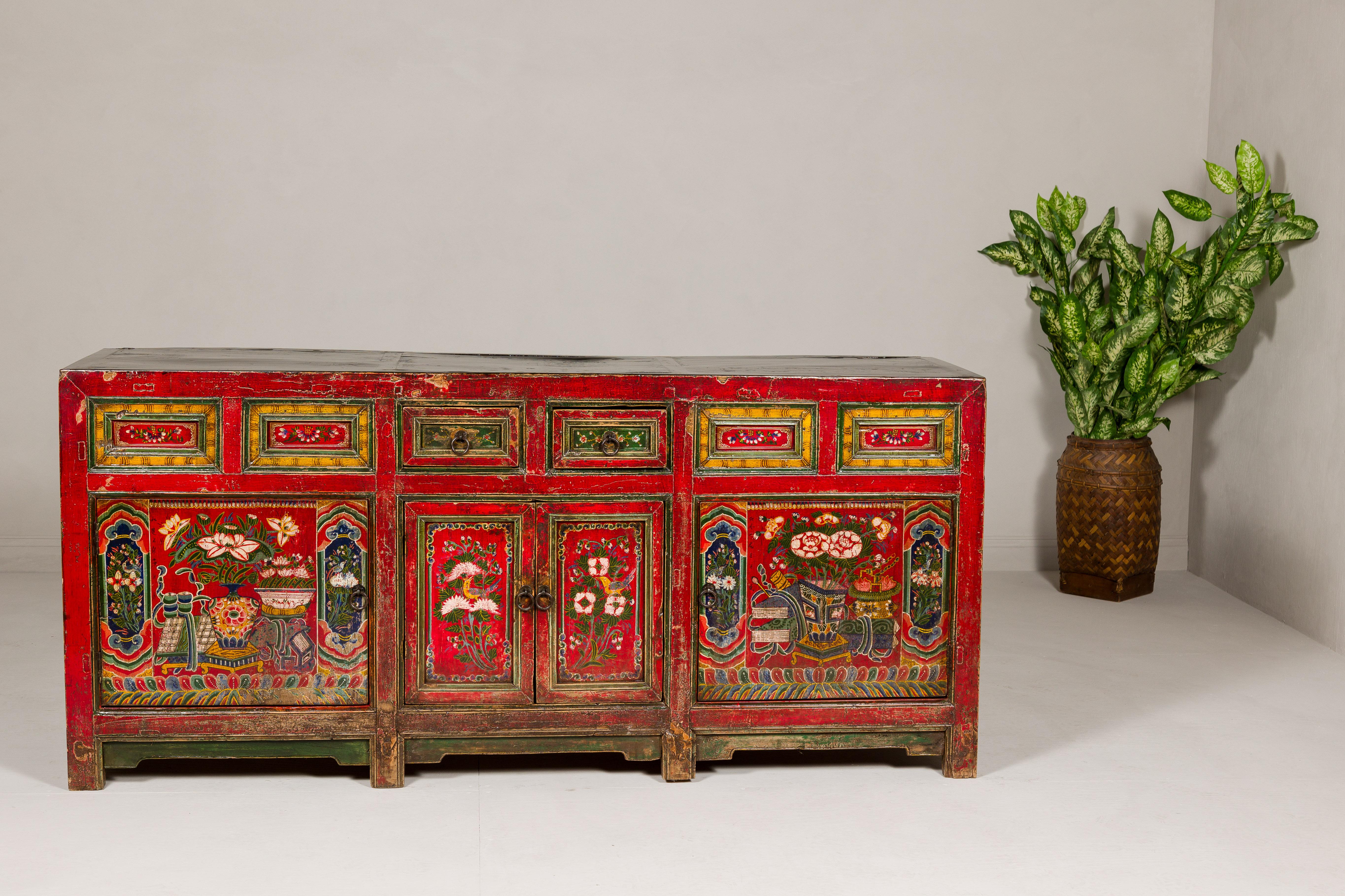 Lacquered 19th Century Mongolian Polychrome Sideboard with Doors, Drawers and Floral Décor