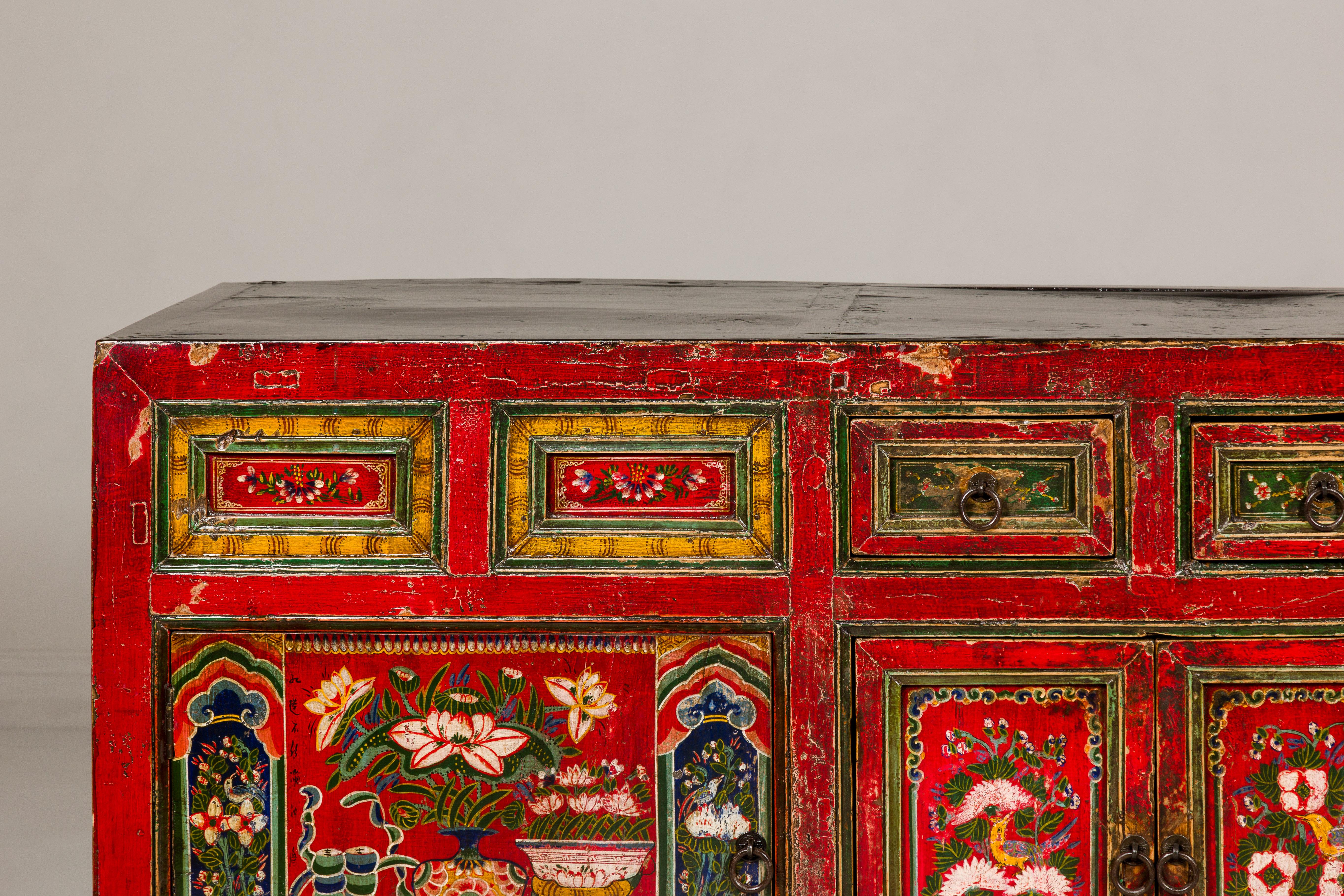 19th Century Mongolian Polychrome Sideboard with Doors, Drawers and Floral Décor In Good Condition For Sale In Yonkers, NY