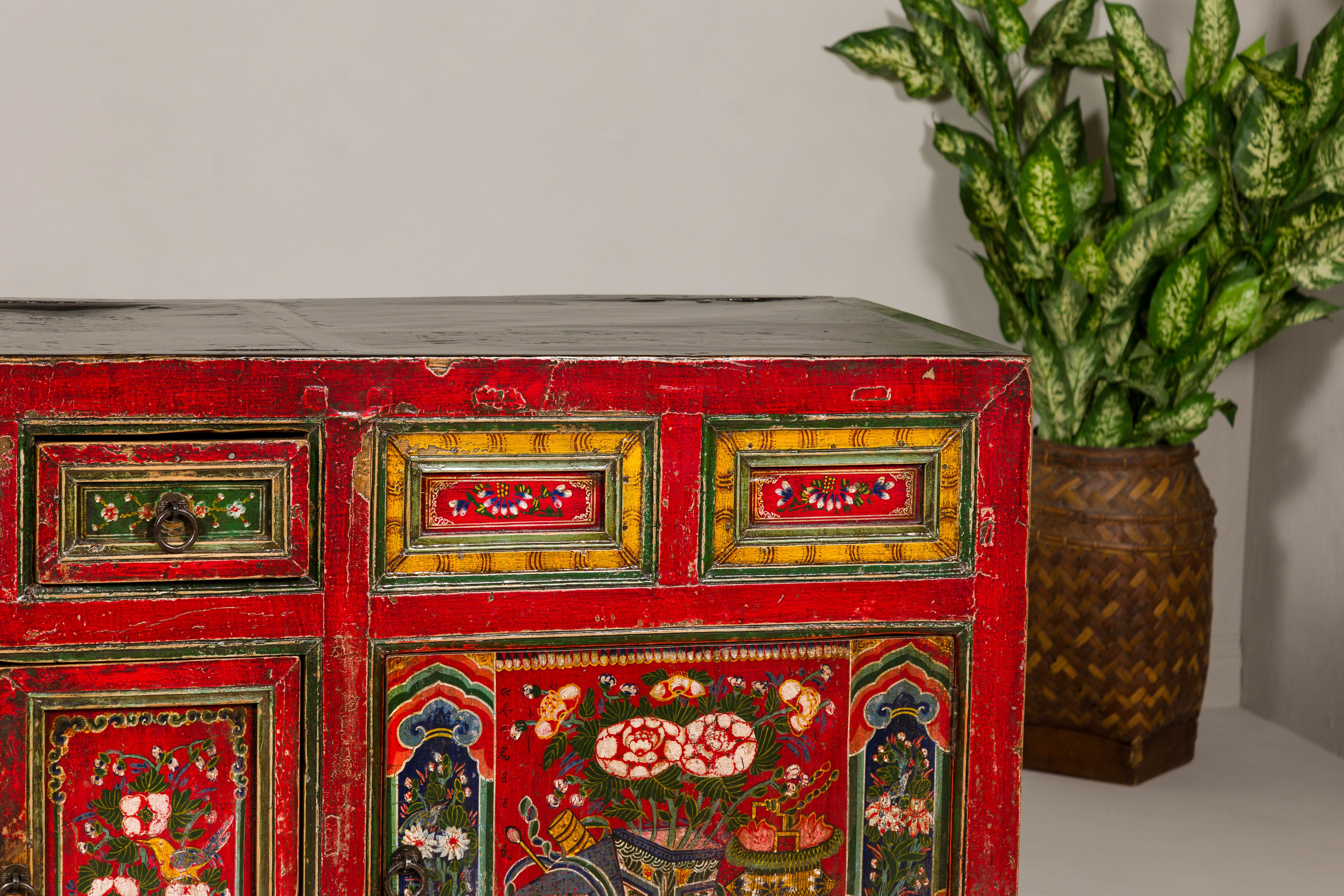Wood 19th Century Mongolian Polychrome Sideboard with Doors, Drawers and Floral Décor