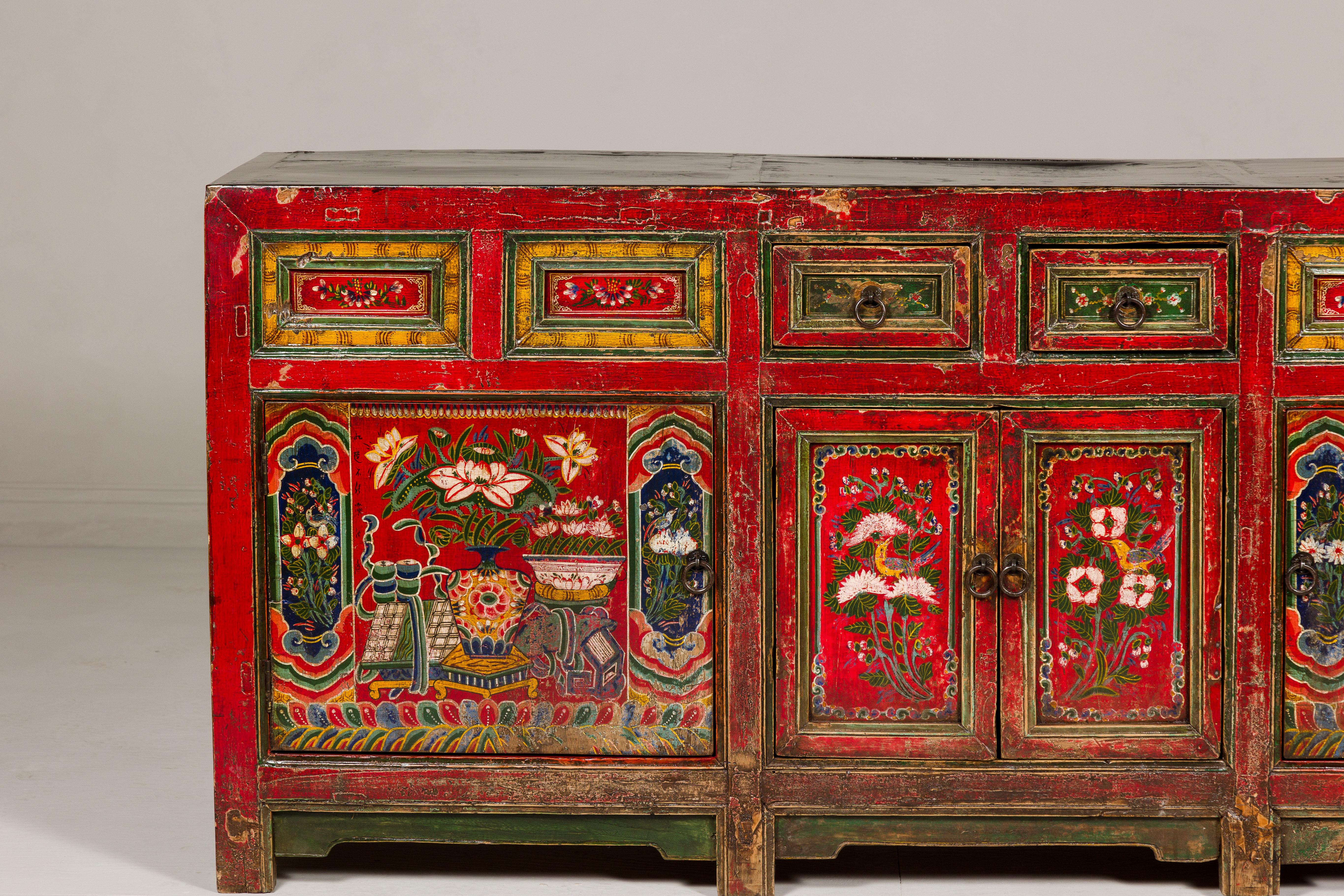 19th Century Mongolian Polychrome Sideboard with Doors, Drawers and Floral Décor 1