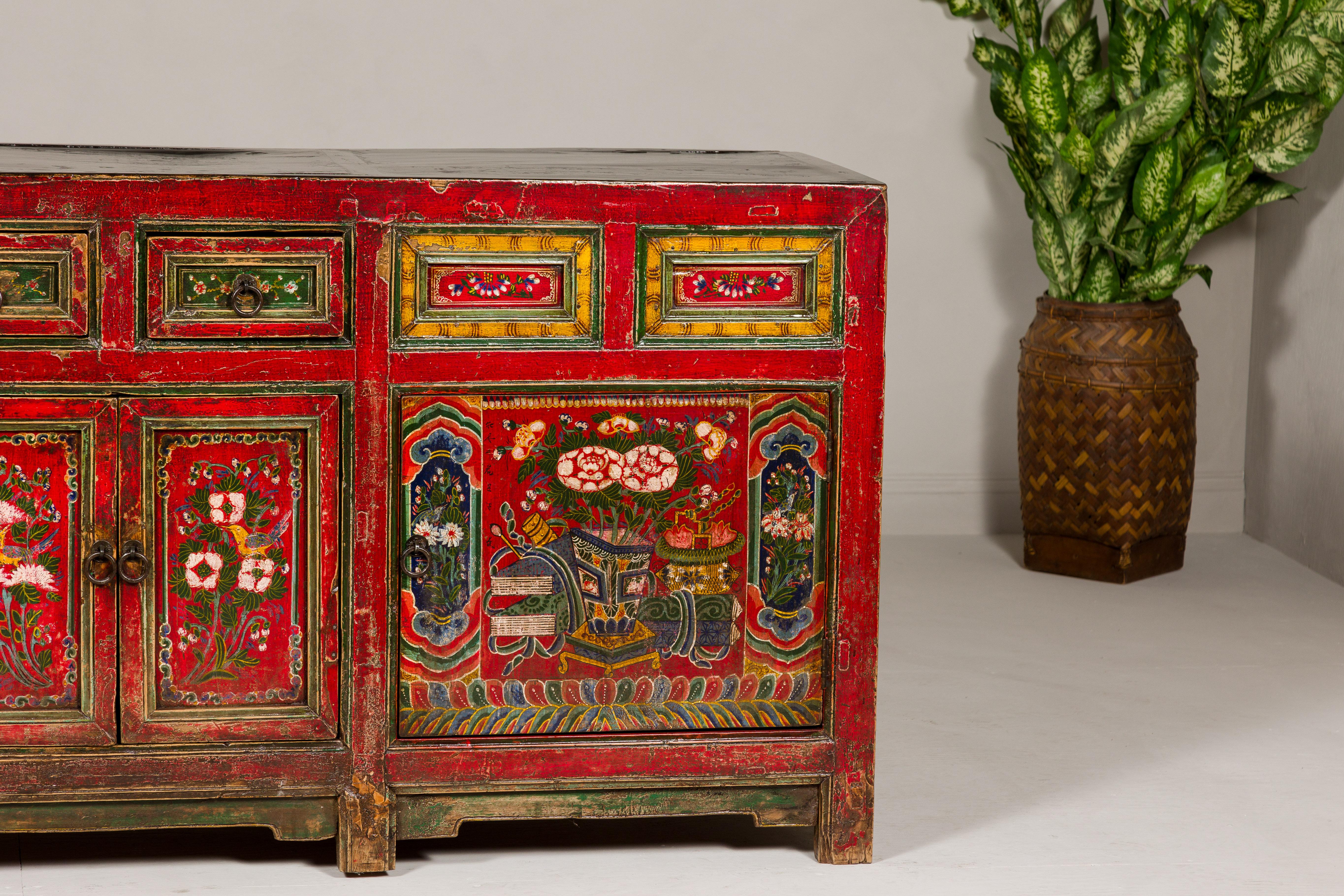 19th Century Mongolian Polychrome Sideboard with Doors, Drawers and Floral Décor For Sale 2