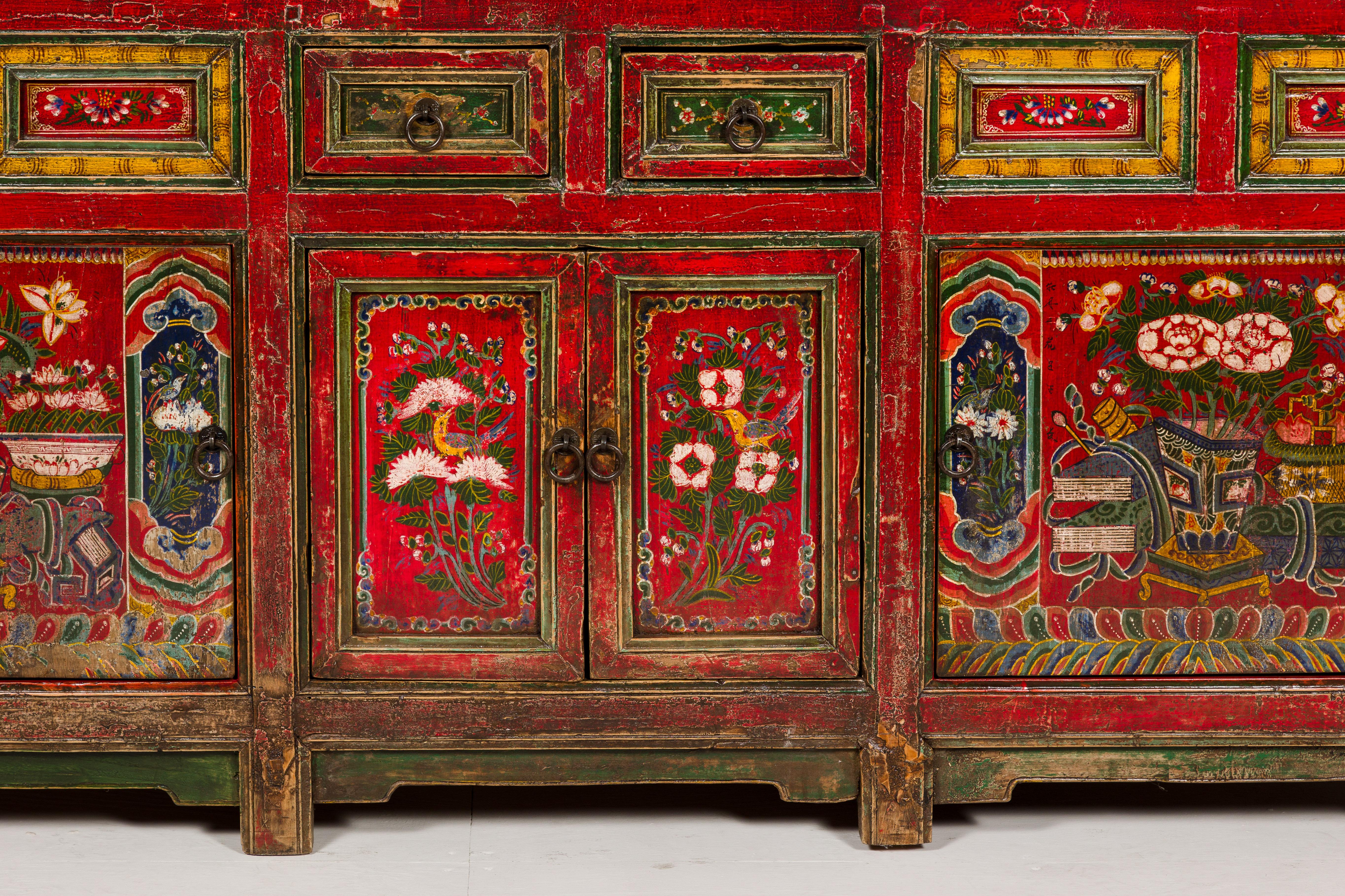 19th Century Mongolian Polychrome Sideboard with Doors, Drawers and Floral Décor For Sale 3