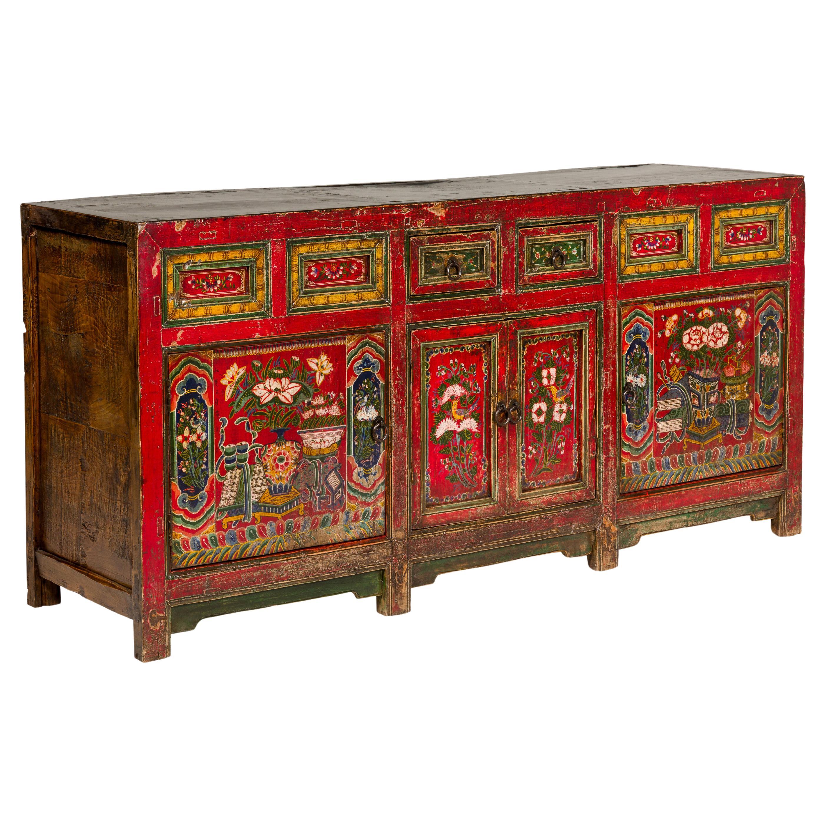 Mongolisches polychromes Sideboard mit Türen, Schubladen und Blumendekor aus dem 19.