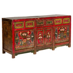 Antique 19th Century Mongolian Polychrome Sideboard with Doors, Drawers and Floral Décor