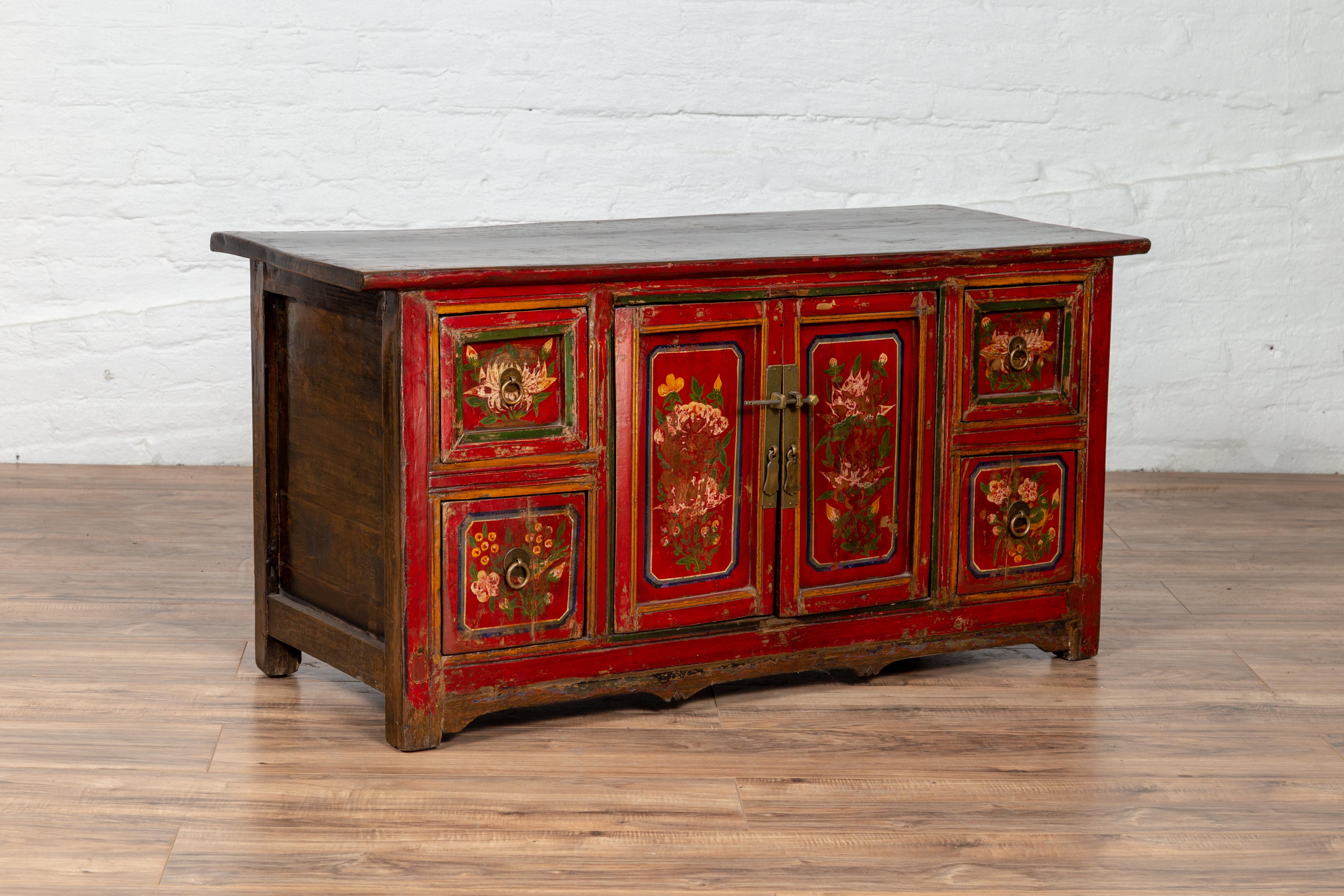 Mongolian Red Lacquered Cabinet with Hand Painted Floral Décor, circa 1900 2