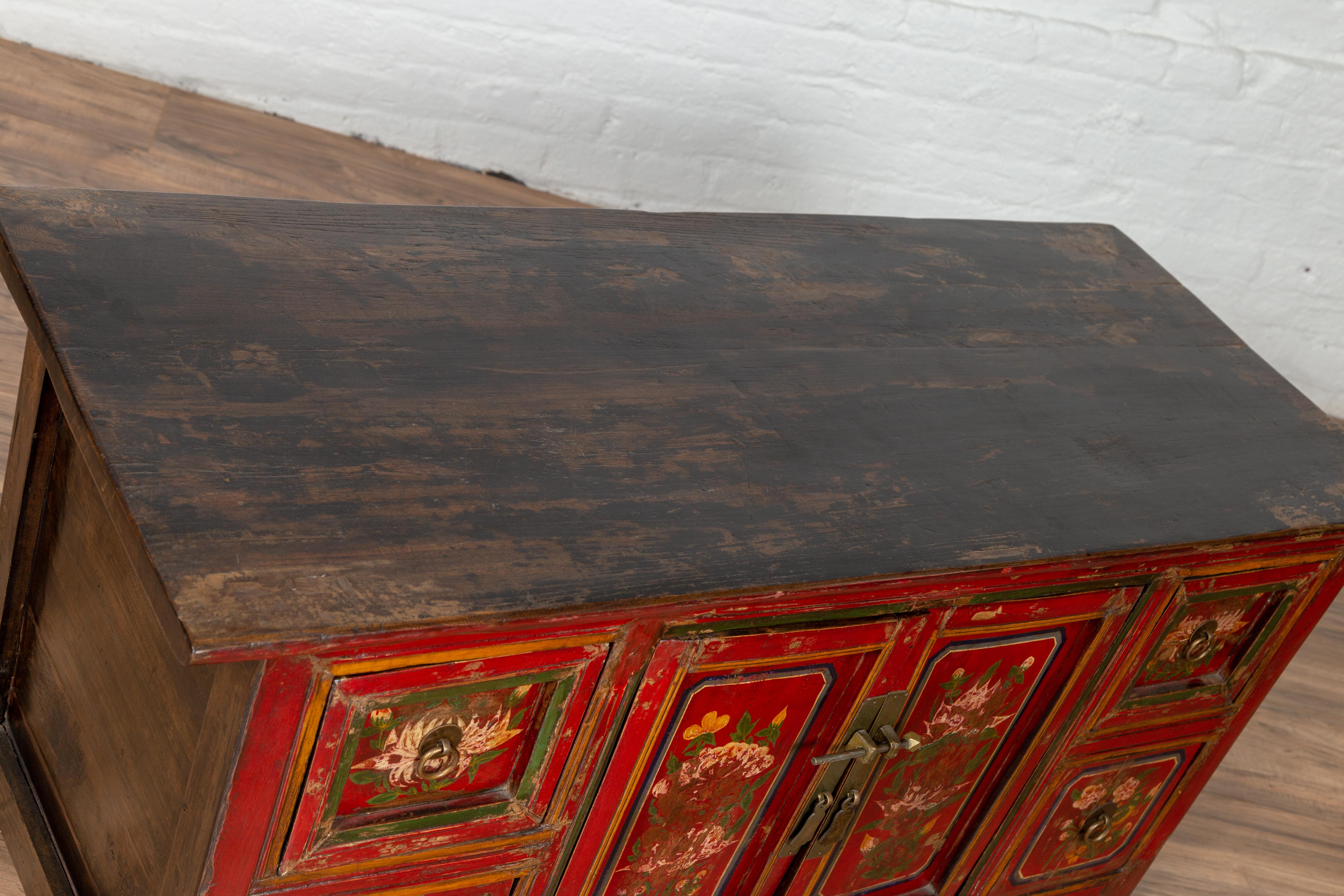 Mongolian Red Lacquered Cabinet with Hand Painted Floral Décor, circa 1900 3