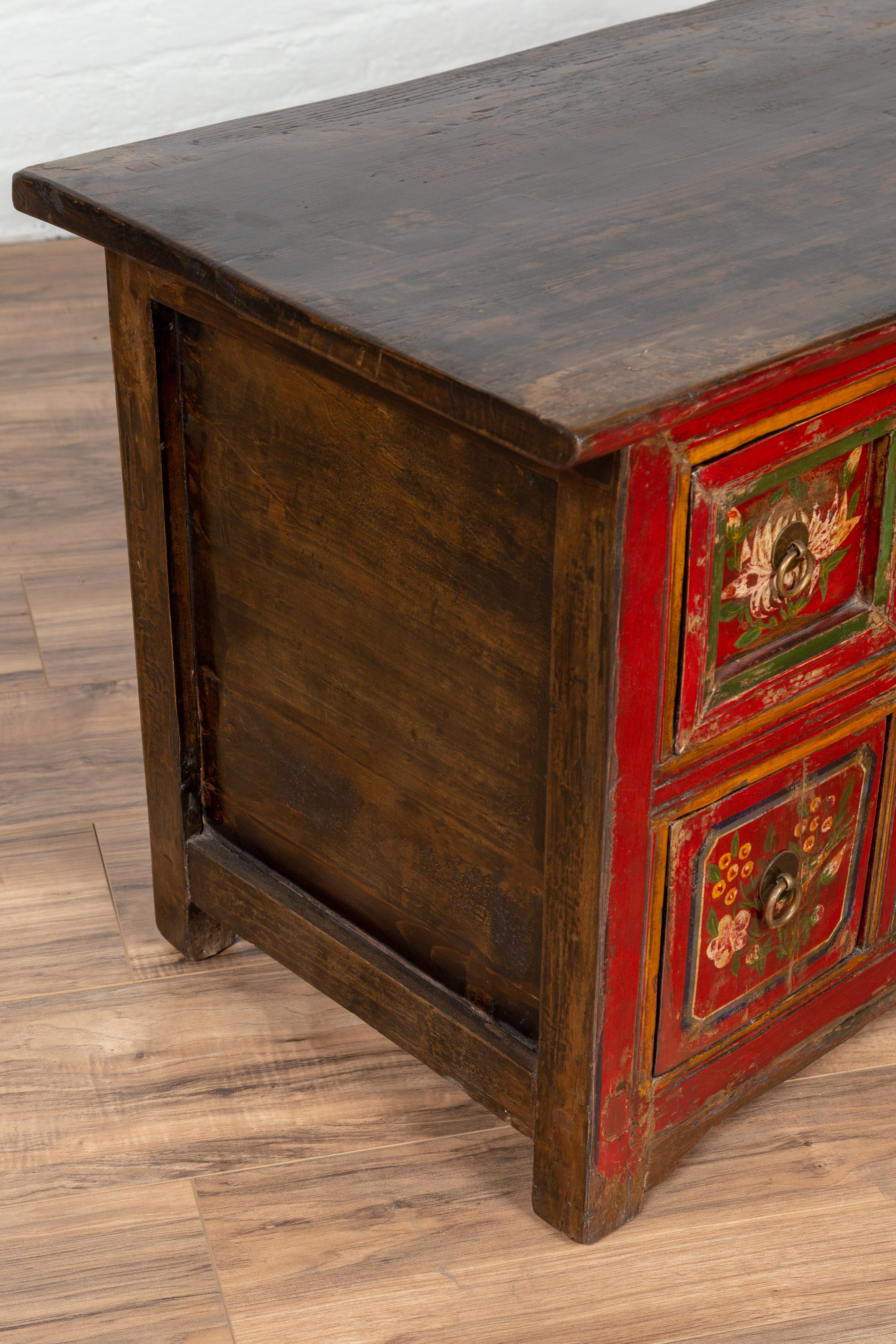 Mongolian Red Lacquered Cabinet with Hand Painted Floral Décor, circa 1900 4