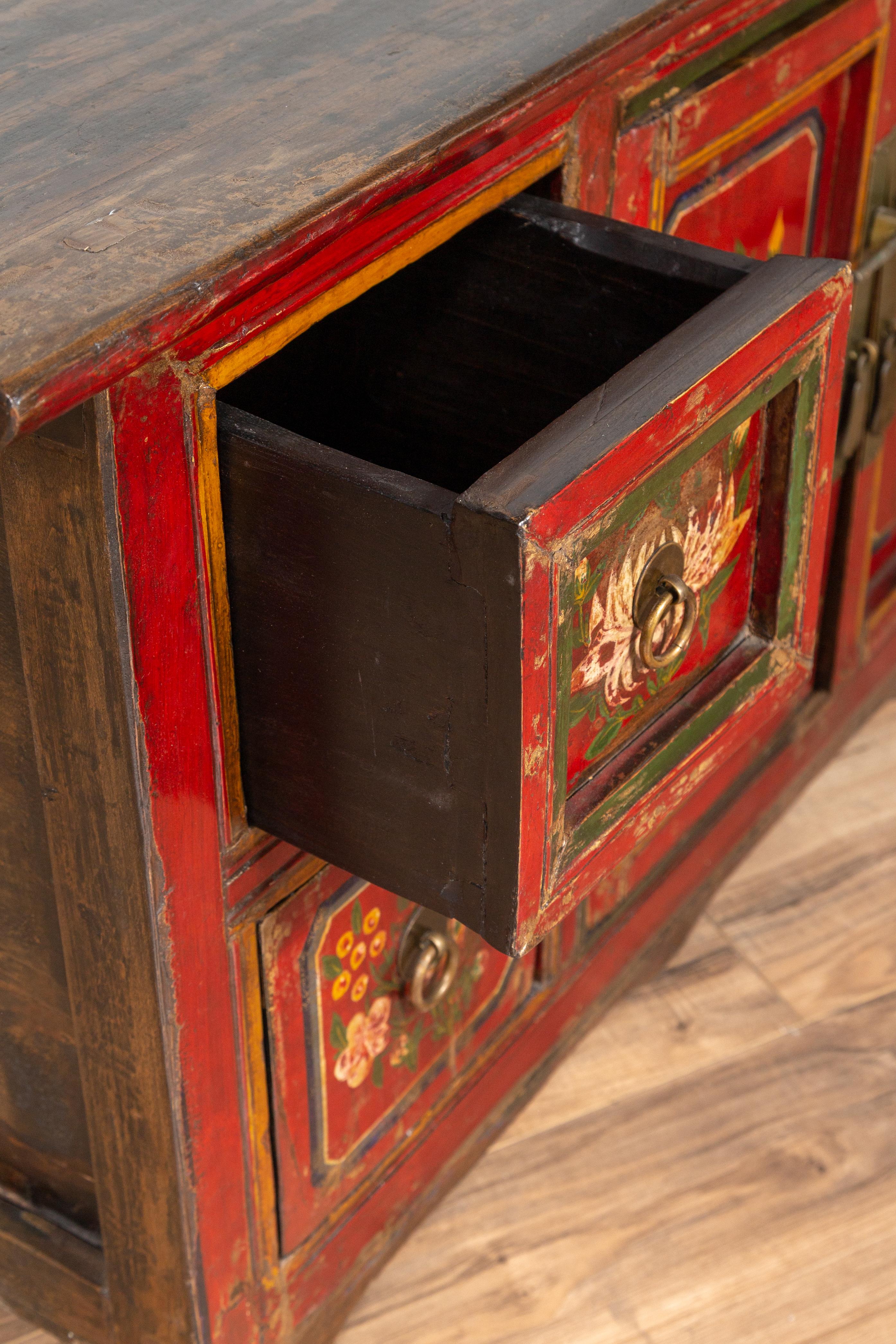 Mongolian Red Lacquered Cabinet with Hand Painted Floral Décor, circa 1900 5