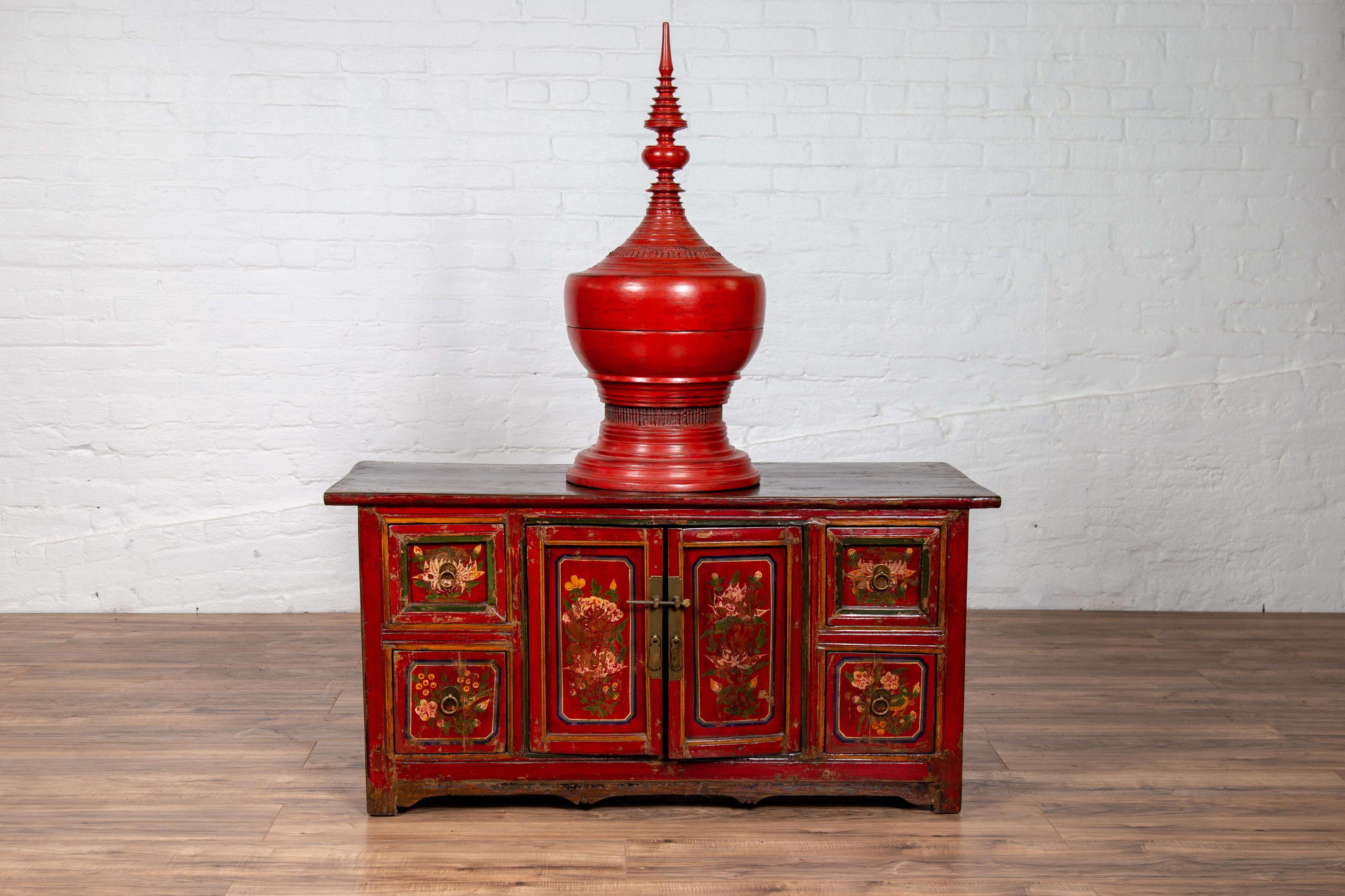 Mongolian Red Lacquered Cabinet with Hand Painted Floral Décor, circa 1900 7