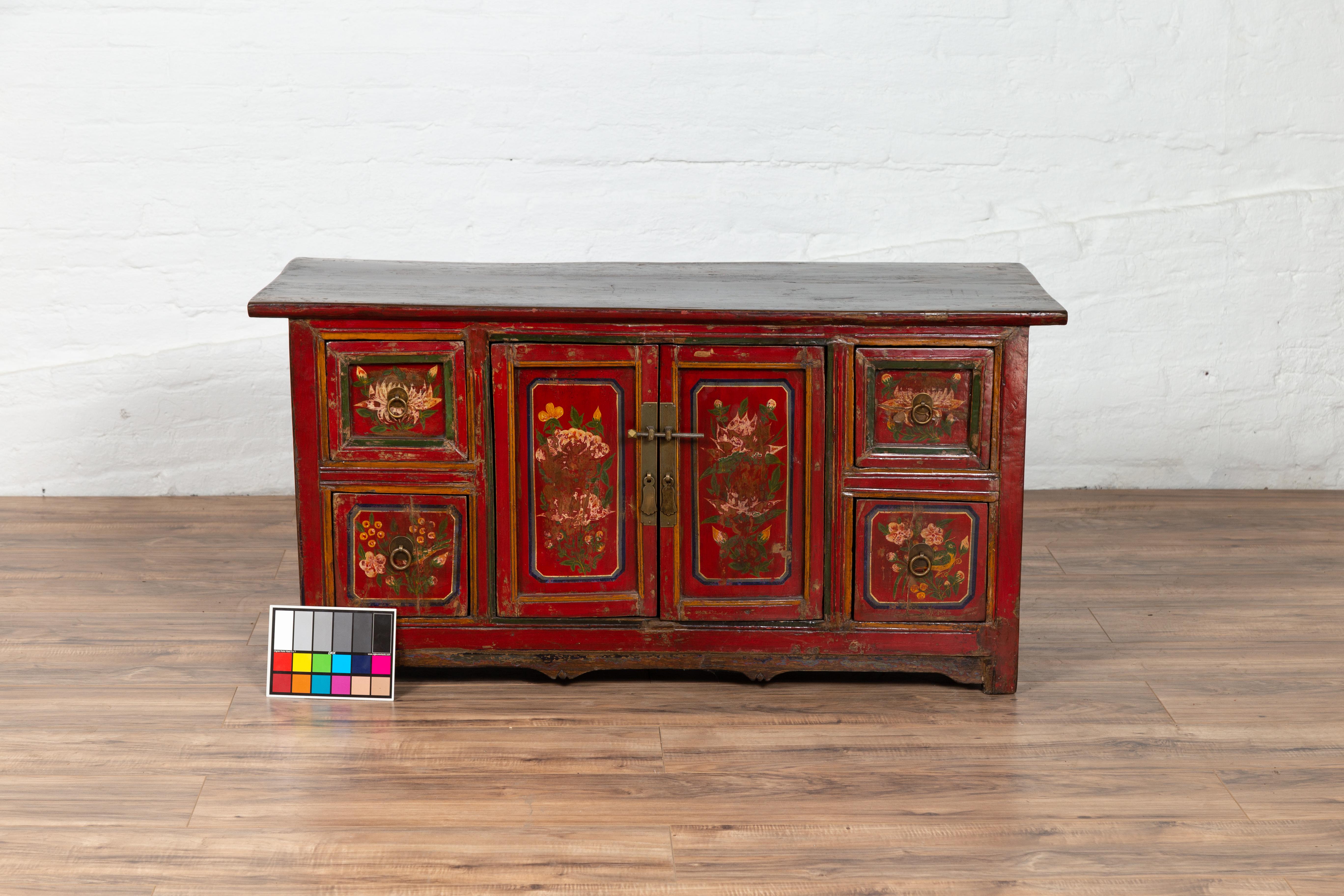 Mongolian Red Lacquered Cabinet with Hand Painted Floral Décor, circa 1900 8