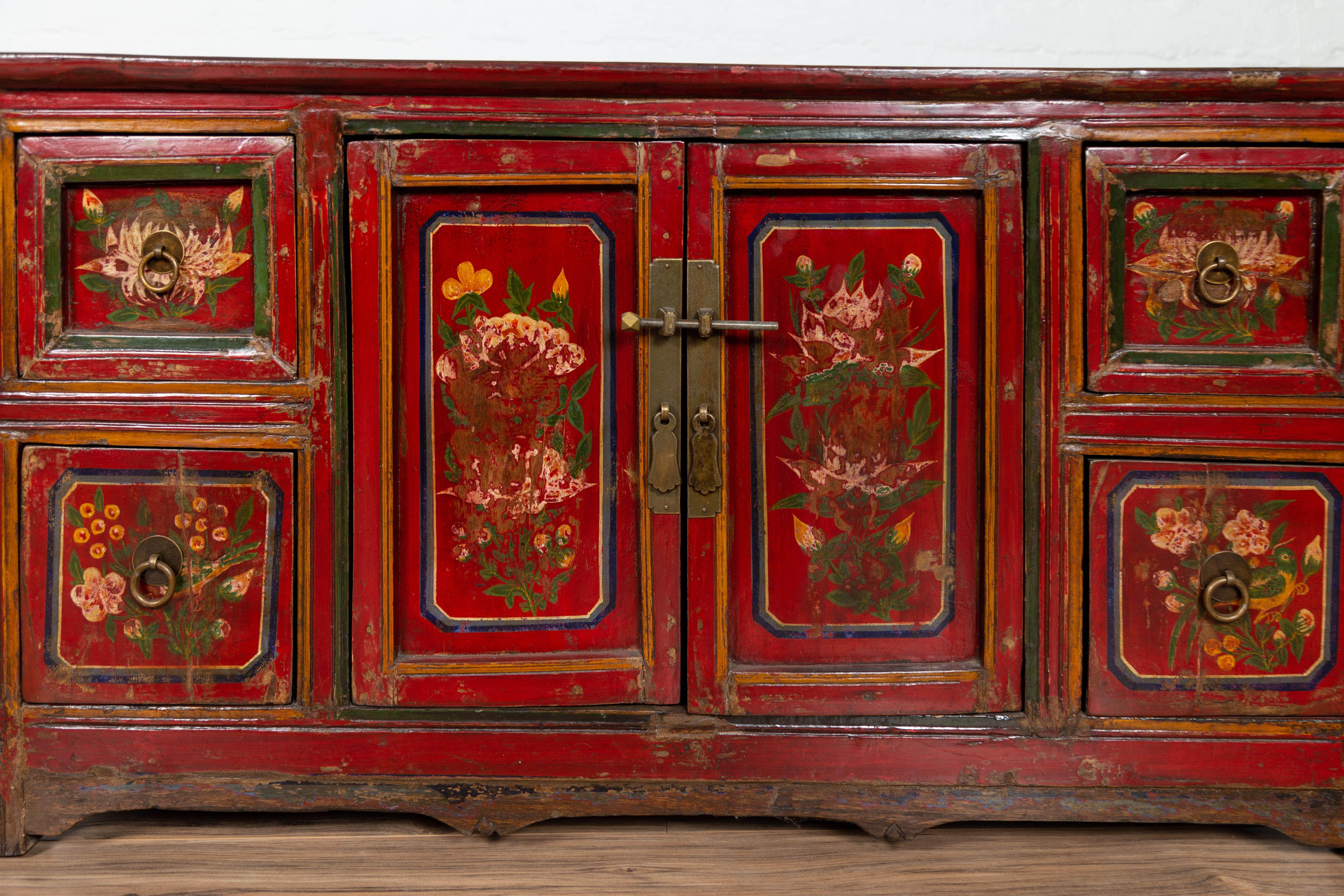 Mongolian Red Lacquered Cabinet with Hand Painted Floral Décor, circa 1900 In Fair Condition In Yonkers, NY