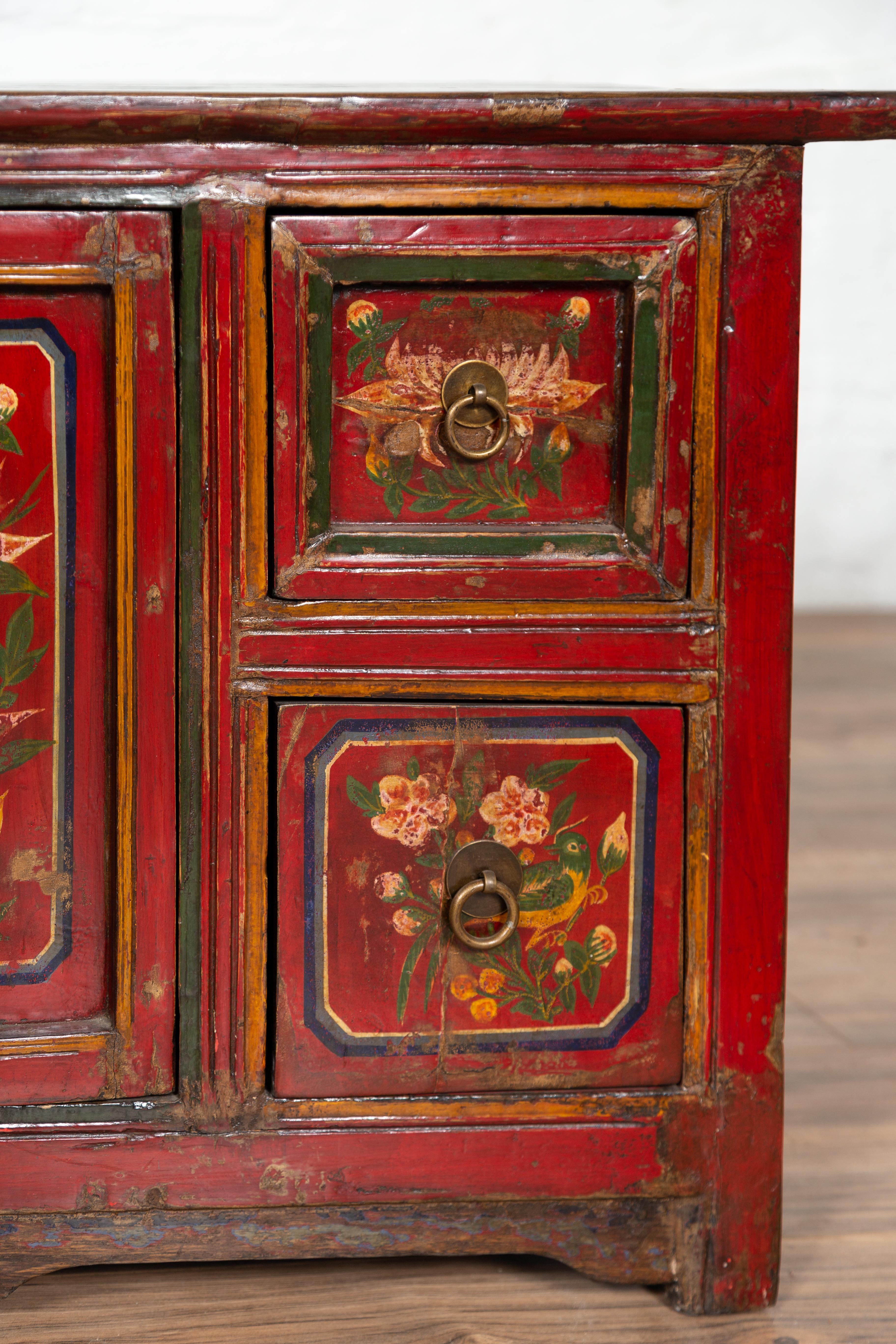 20th Century Mongolian Red Lacquered Cabinet with Hand Painted Floral Décor, circa 1900