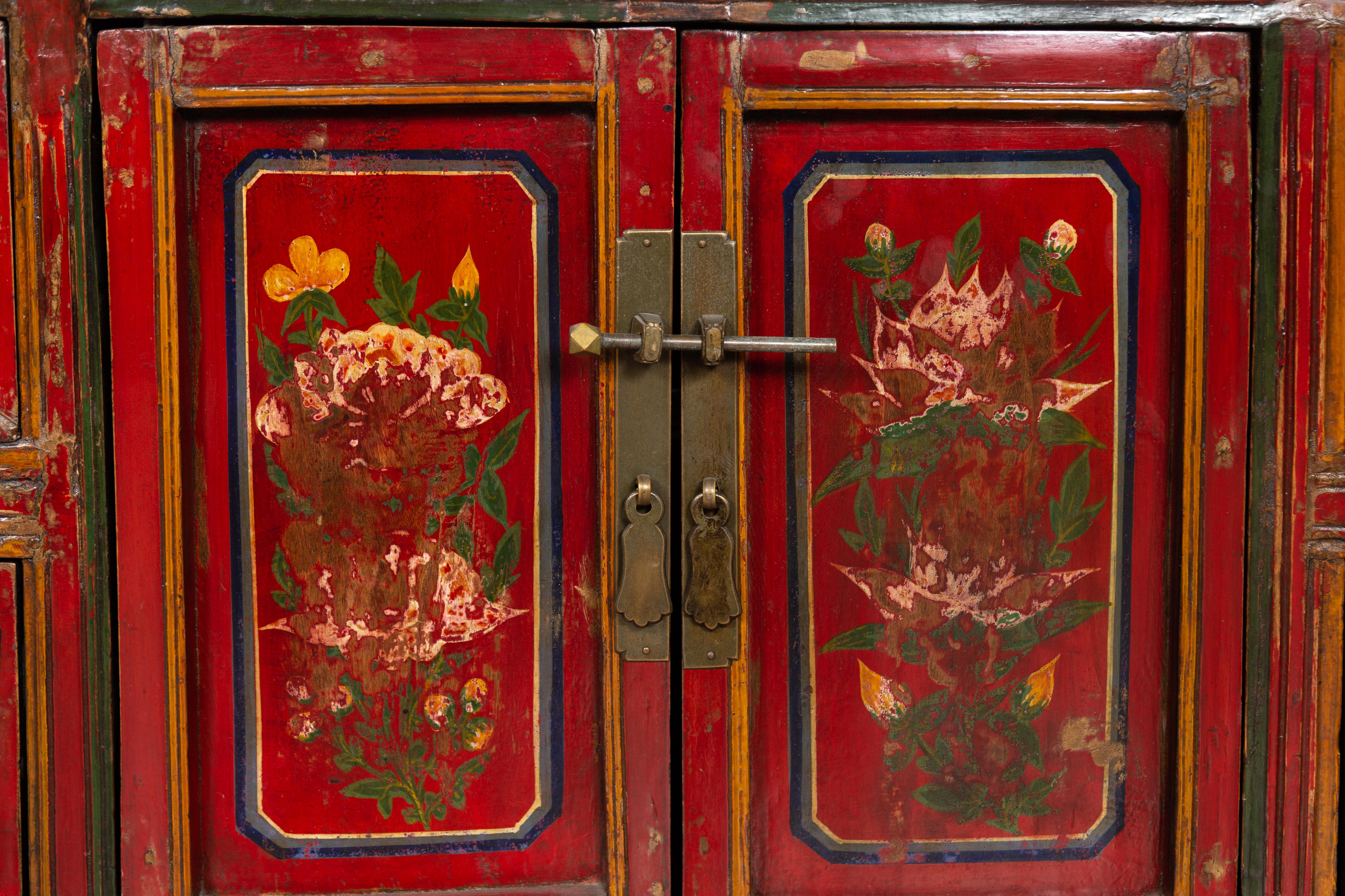 Wood Mongolian Red Lacquered Cabinet with Hand Painted Floral Décor, circa 1900