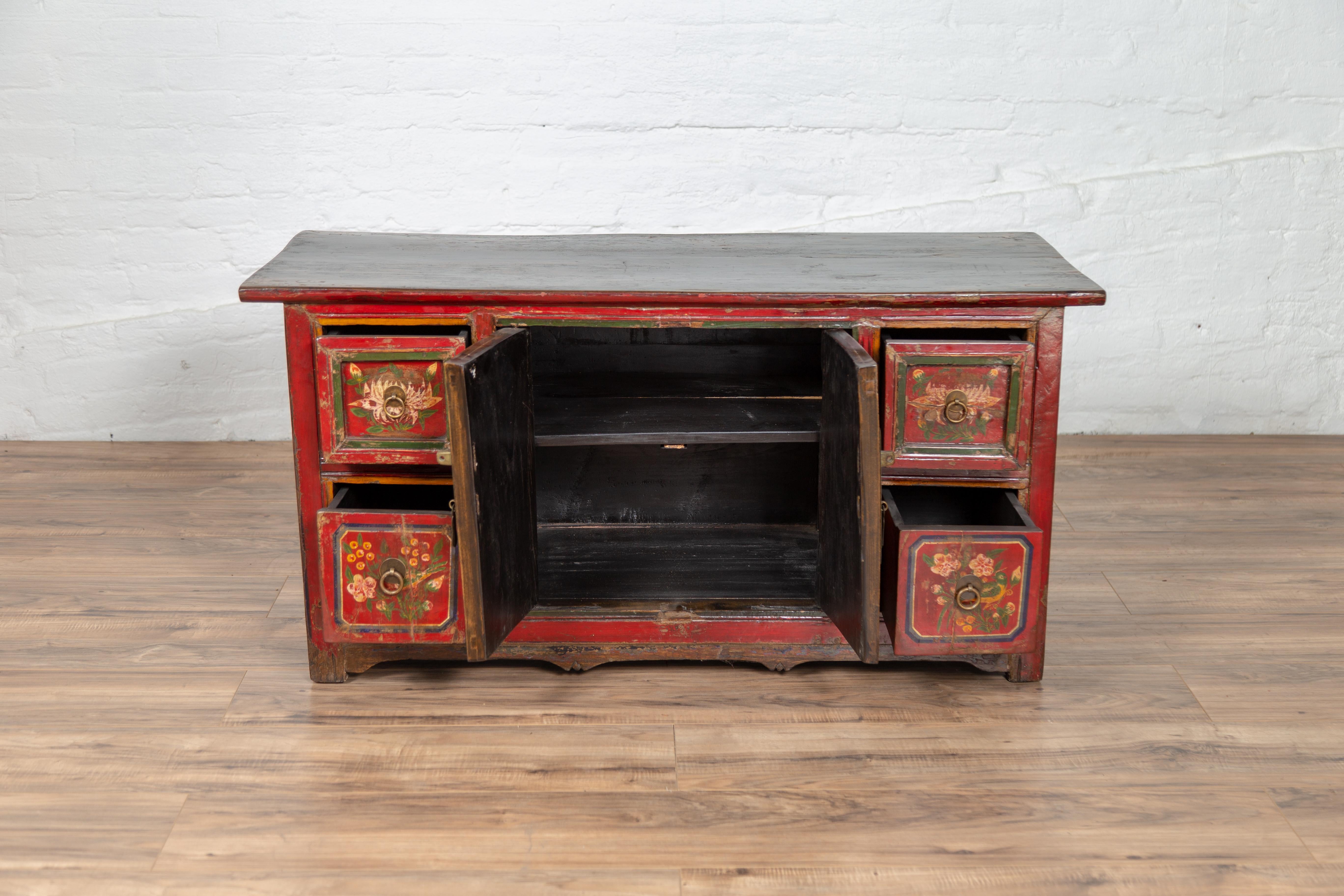 Mongolian Red Lacquered Cabinet with Hand Painted Floral Décor, circa 1900 1