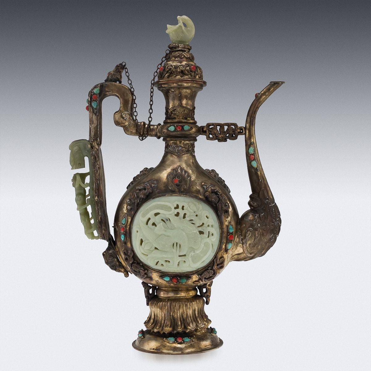 Unknown 19th Century Mongolian Style Gilt Metal, Jade & Hardstones Large Ewer, c.1890 For Sale
