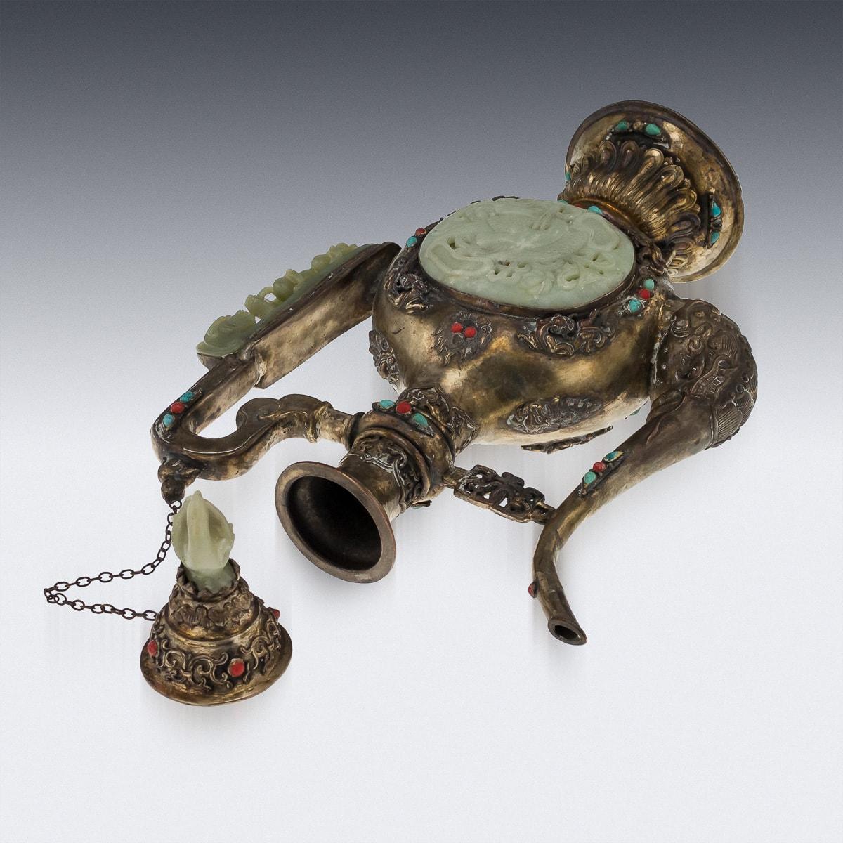 19th Century Mongolian Style Gilt Metal, Jade & Hardstones Large Ewer, c.1890 1