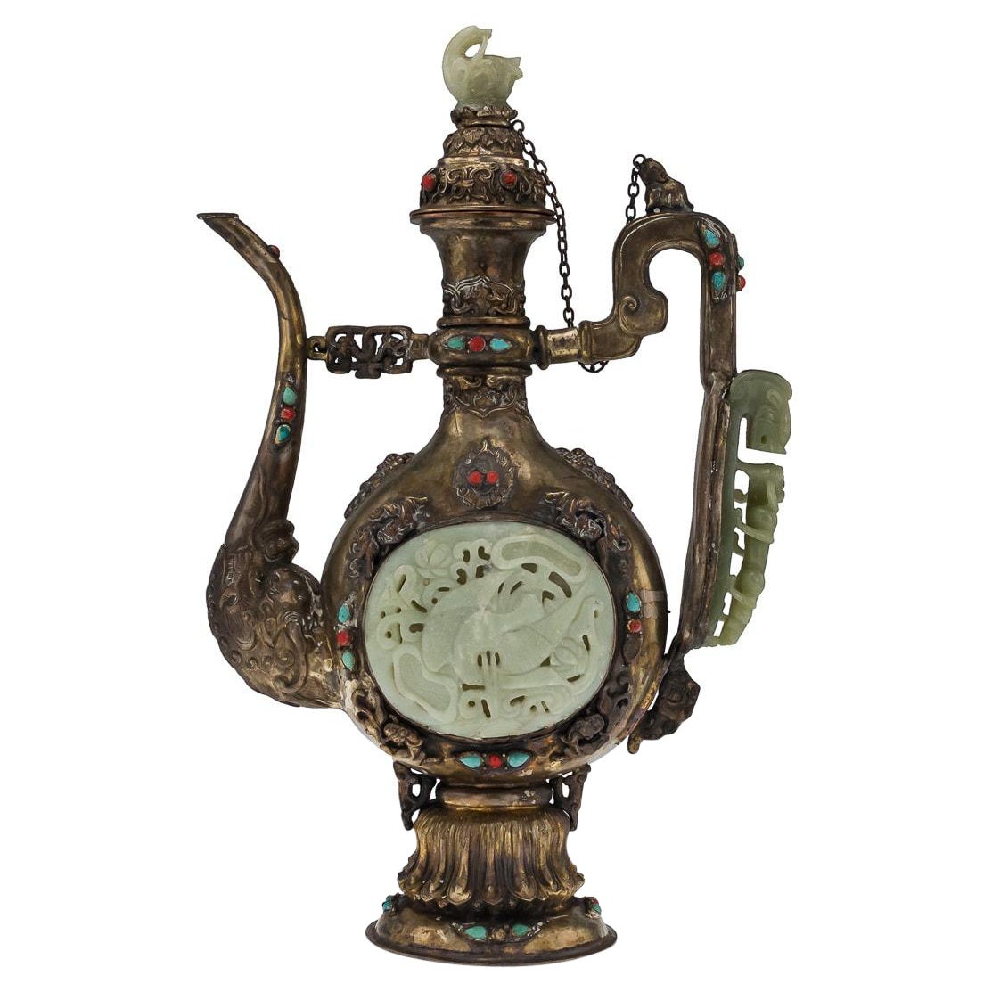 19th Century Mongolian Style Gilt Metal, Jade & Hardstones Large Ewer, c.1890