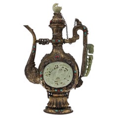 19th Century Mongolian Style Gilt Metal, Jade & Hardstones Large Ewer, c.1890