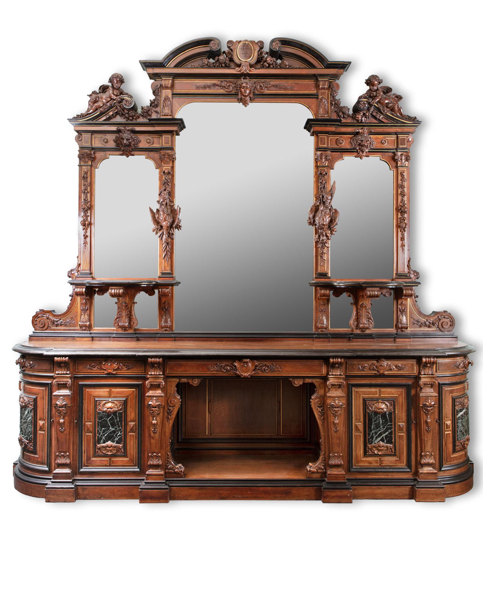 19th Century Monumental Carved Walnut Mirrored French Buffet by Guéret Frères   In Good Condition For Sale In Baambrugge, NL
