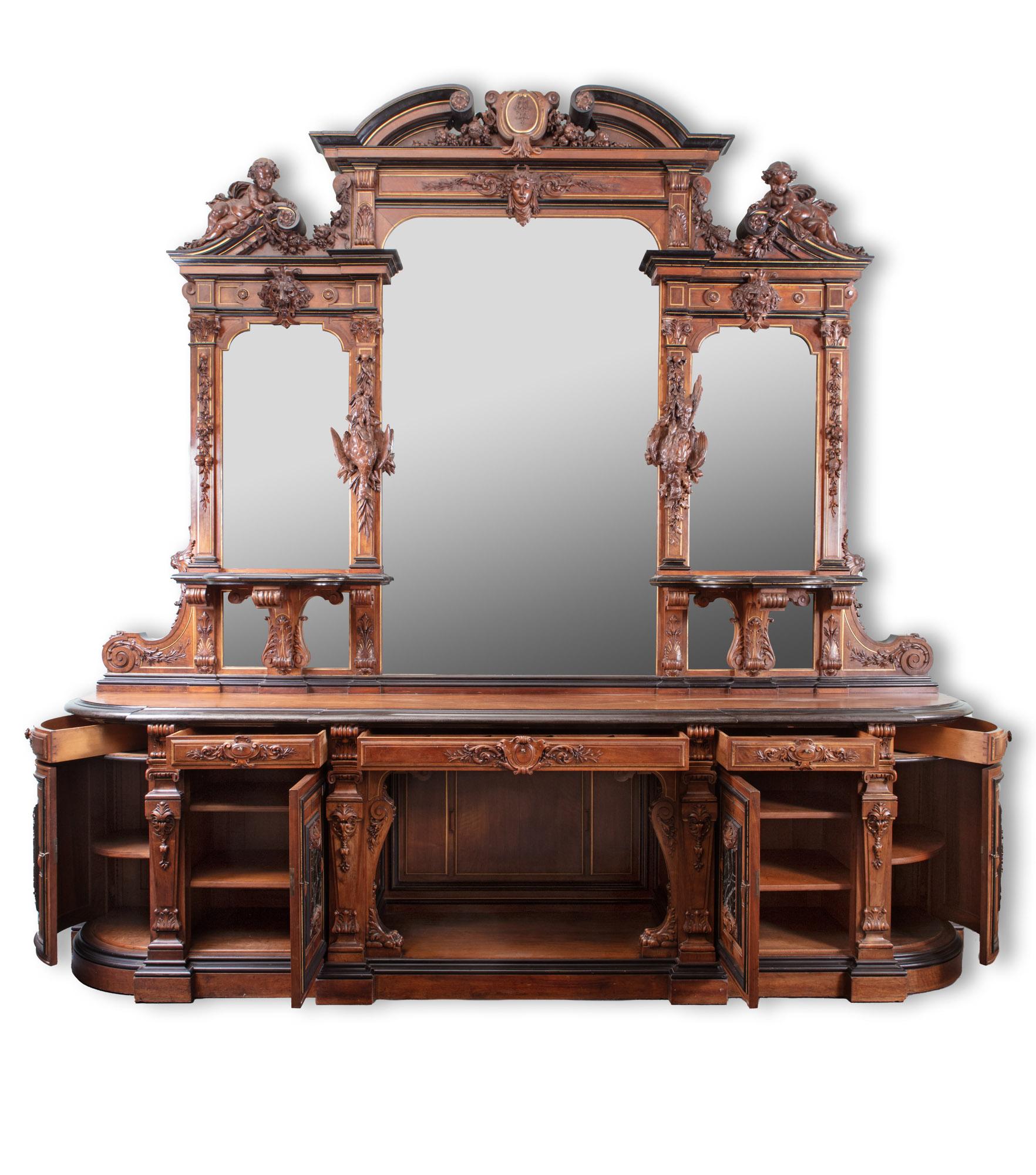 Bronze 19th Century Monumental Carved Walnut Mirrored French Buffet by Guéret Frères