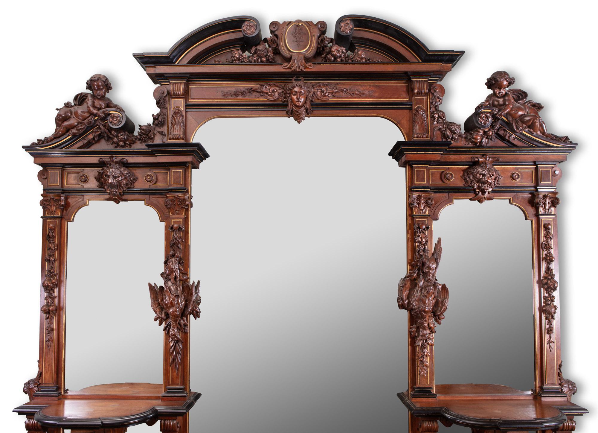 19th Century Monumental Carved Walnut Mirrored French Buffet by Guéret Frères   For Sale 2