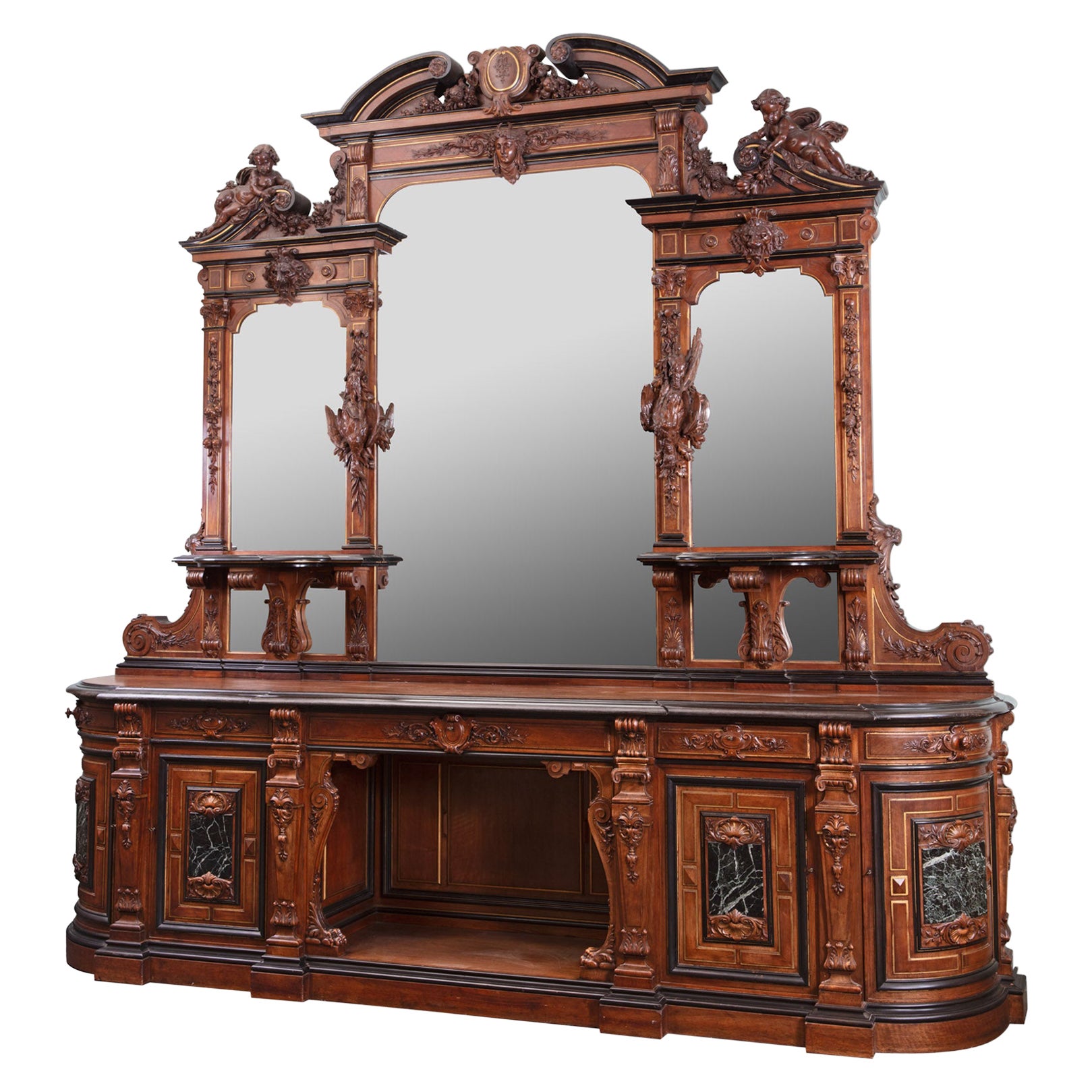19th Century Monumental Carved Walnut Mirrored French Buffet by Guéret Fr�ères