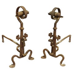 19th Century Monumental Cast Iron Abstract Style Fireplace Andirons