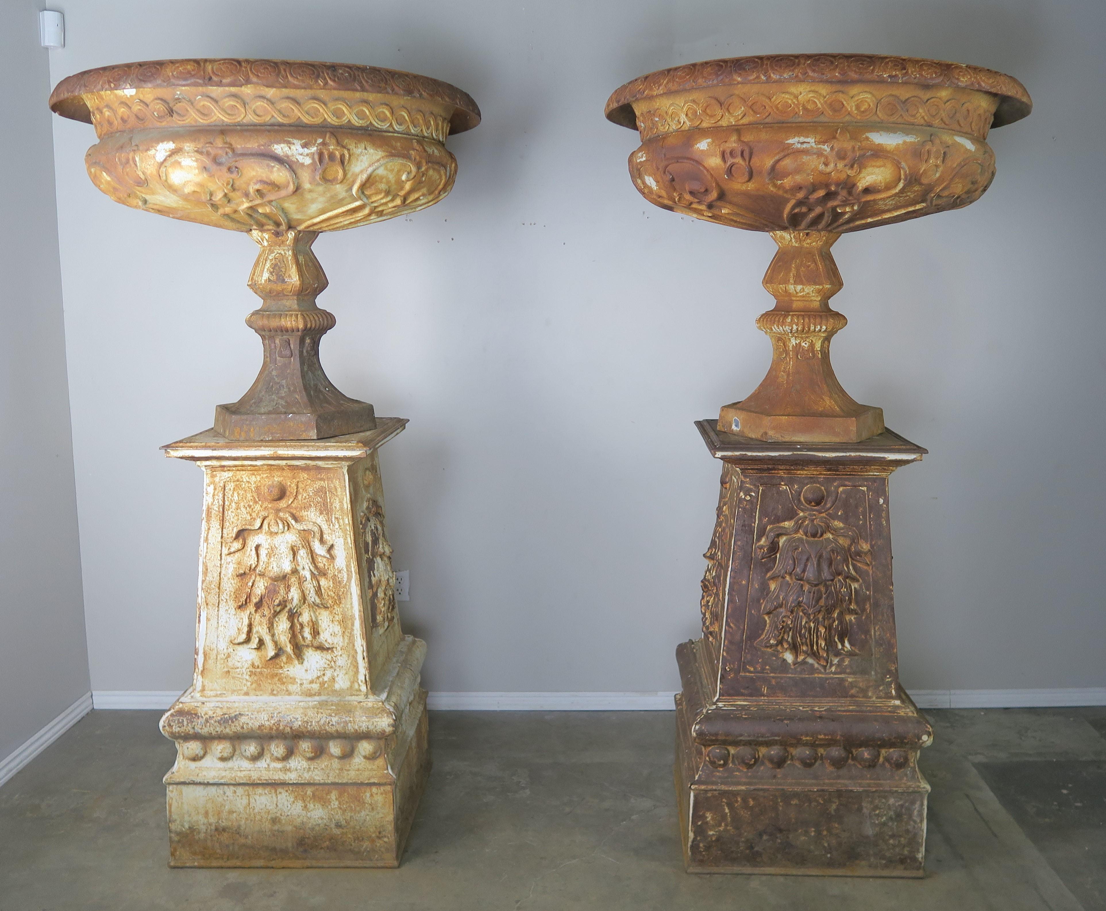 19th Century Monumental French Cast Iron Urns on Bases 11