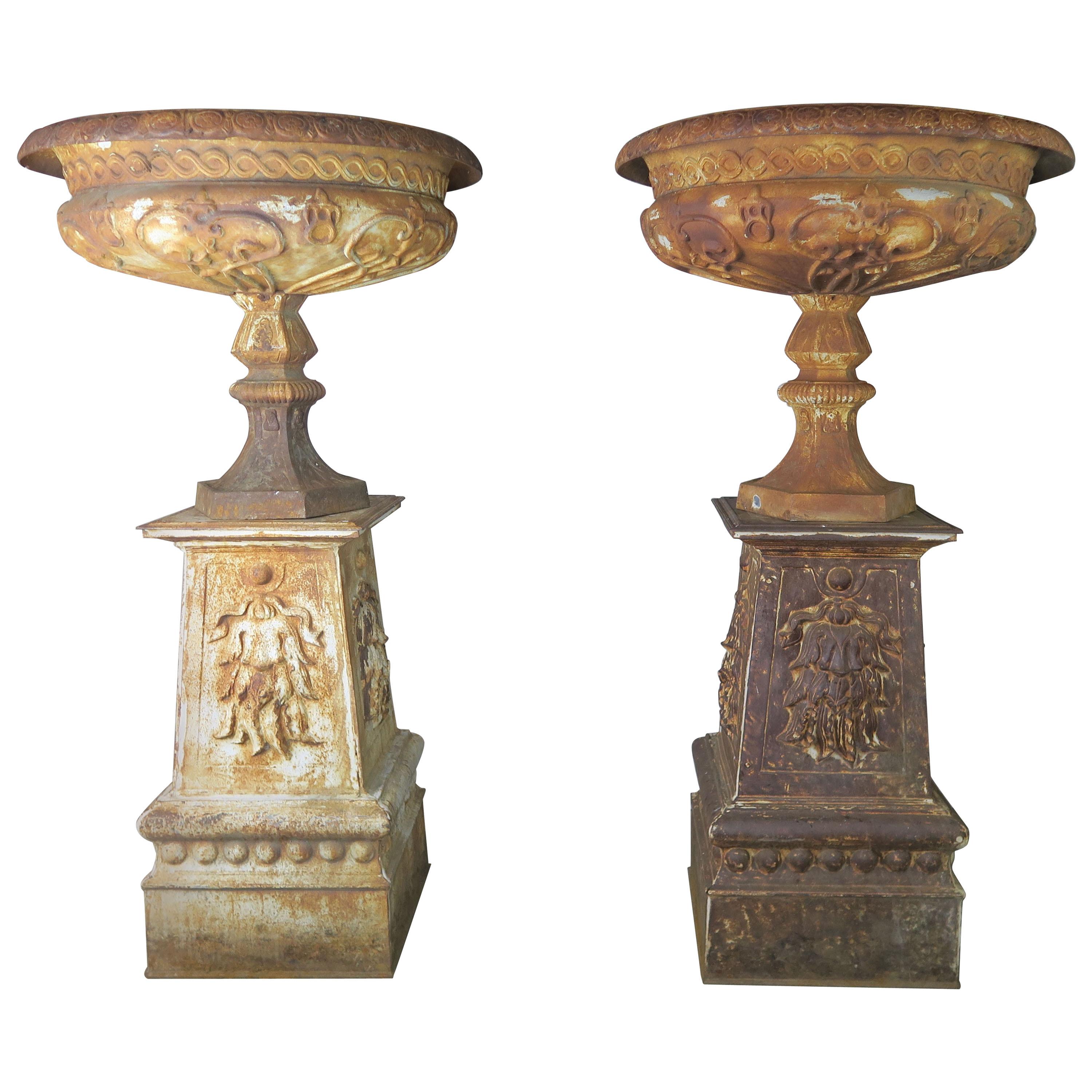 19th Century Monumental French Cast Iron Urns on Bases