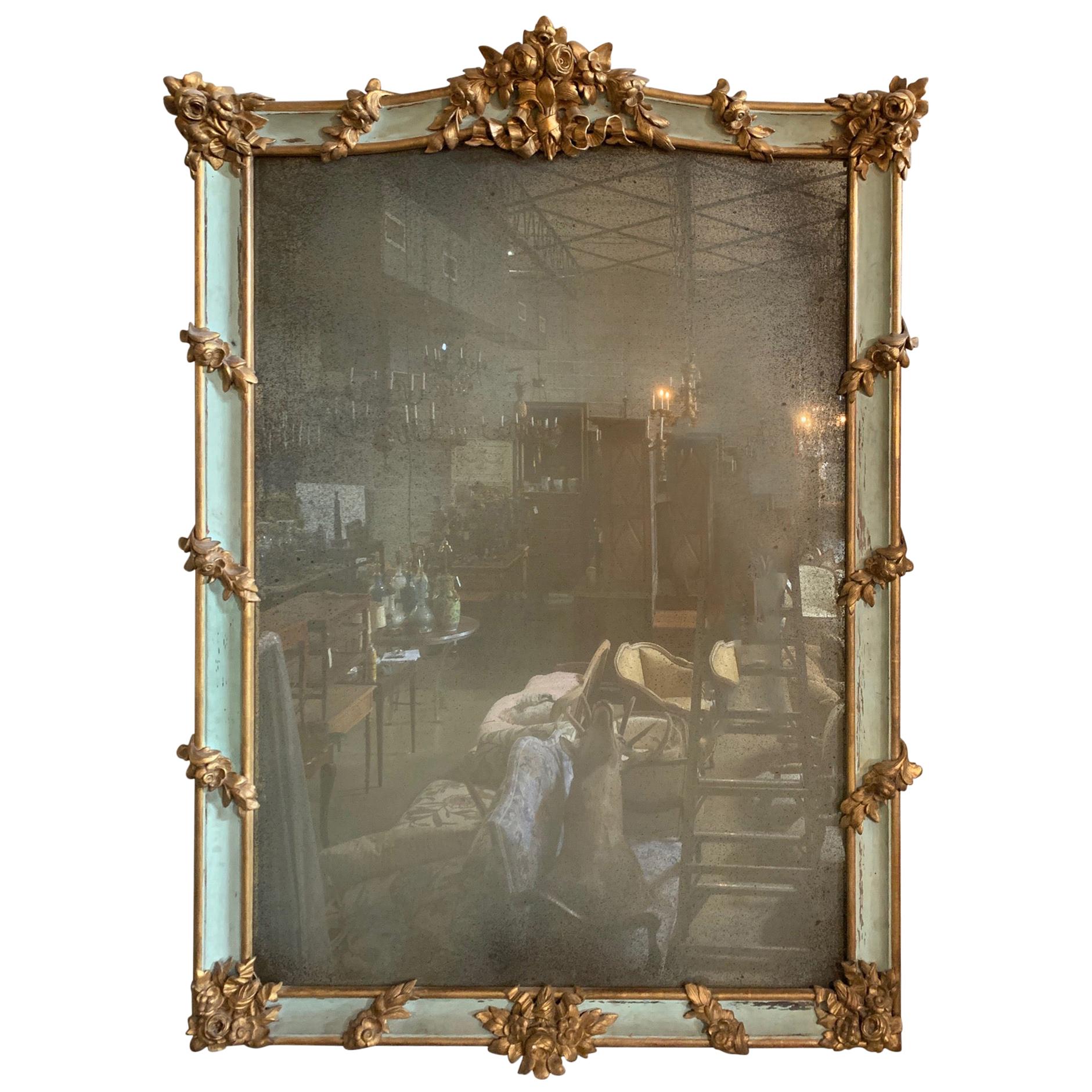 19th Century Monumental French Napoleon III Carved Painted & Parcel Gilt Mirror For Sale