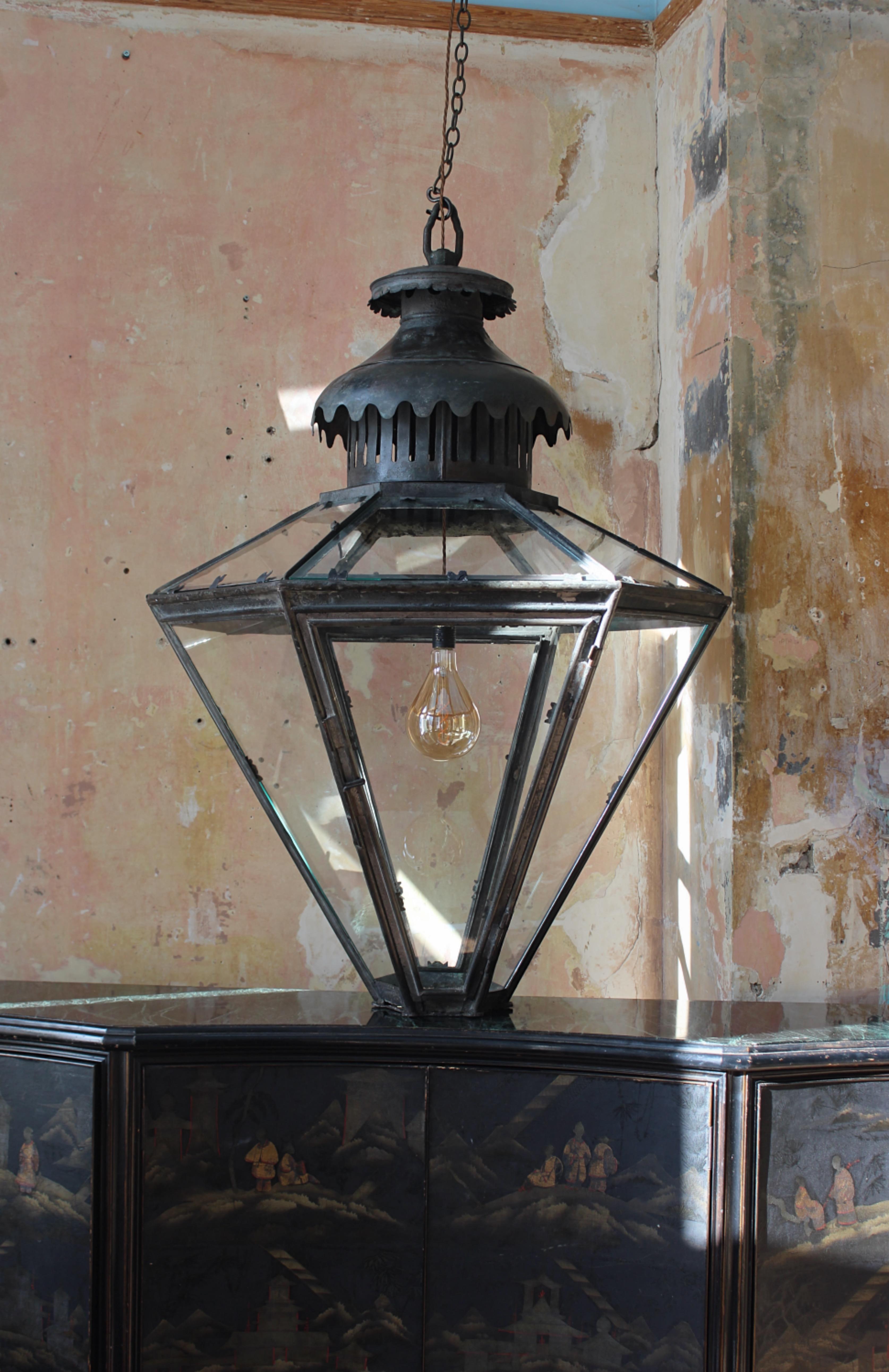 19th century Monumental Huge Copper Glazed Lantern Light Chandelier Verdigris  3