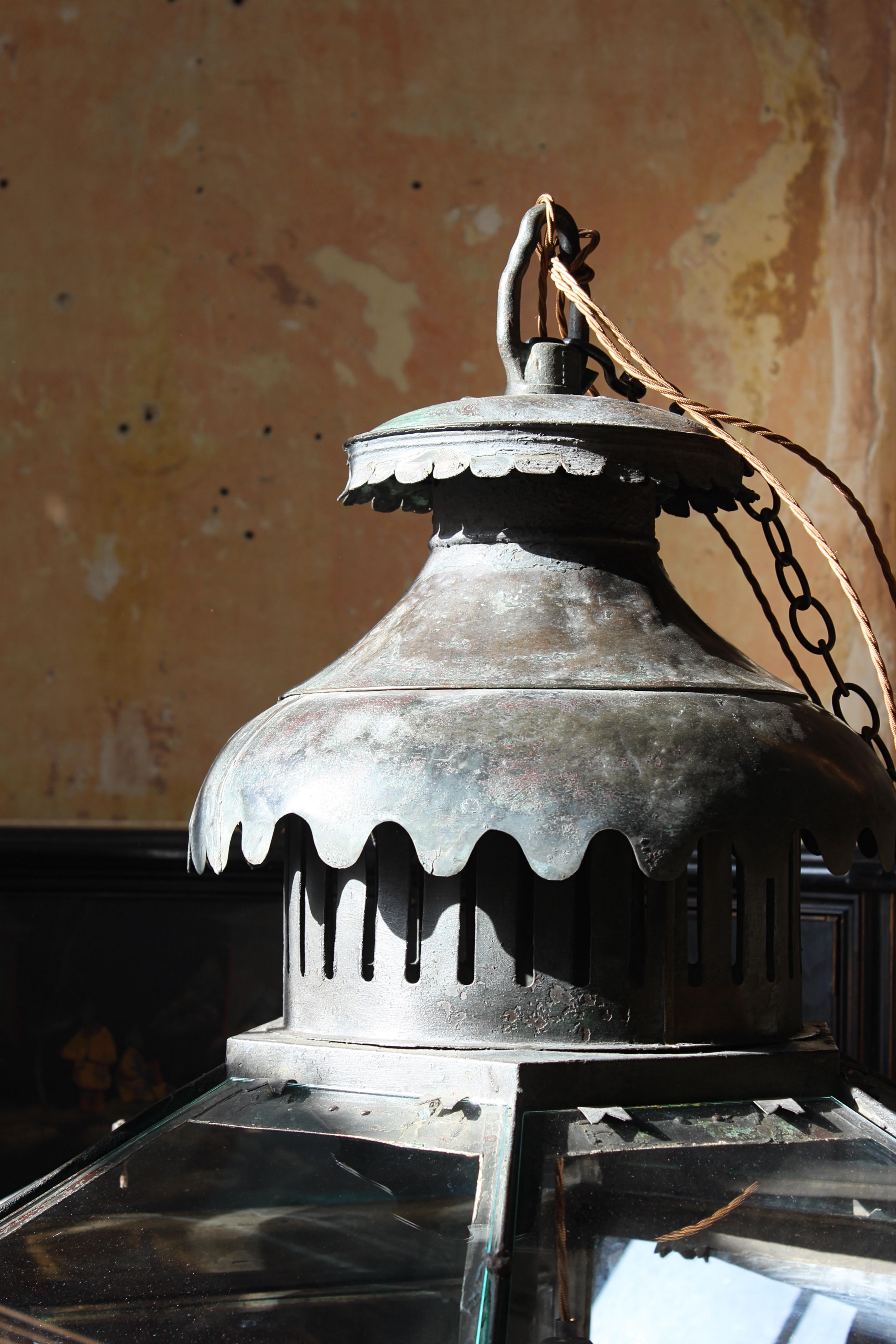 19th century Monumental Huge Copper Glazed Lantern Light Chandelier Verdigris  4