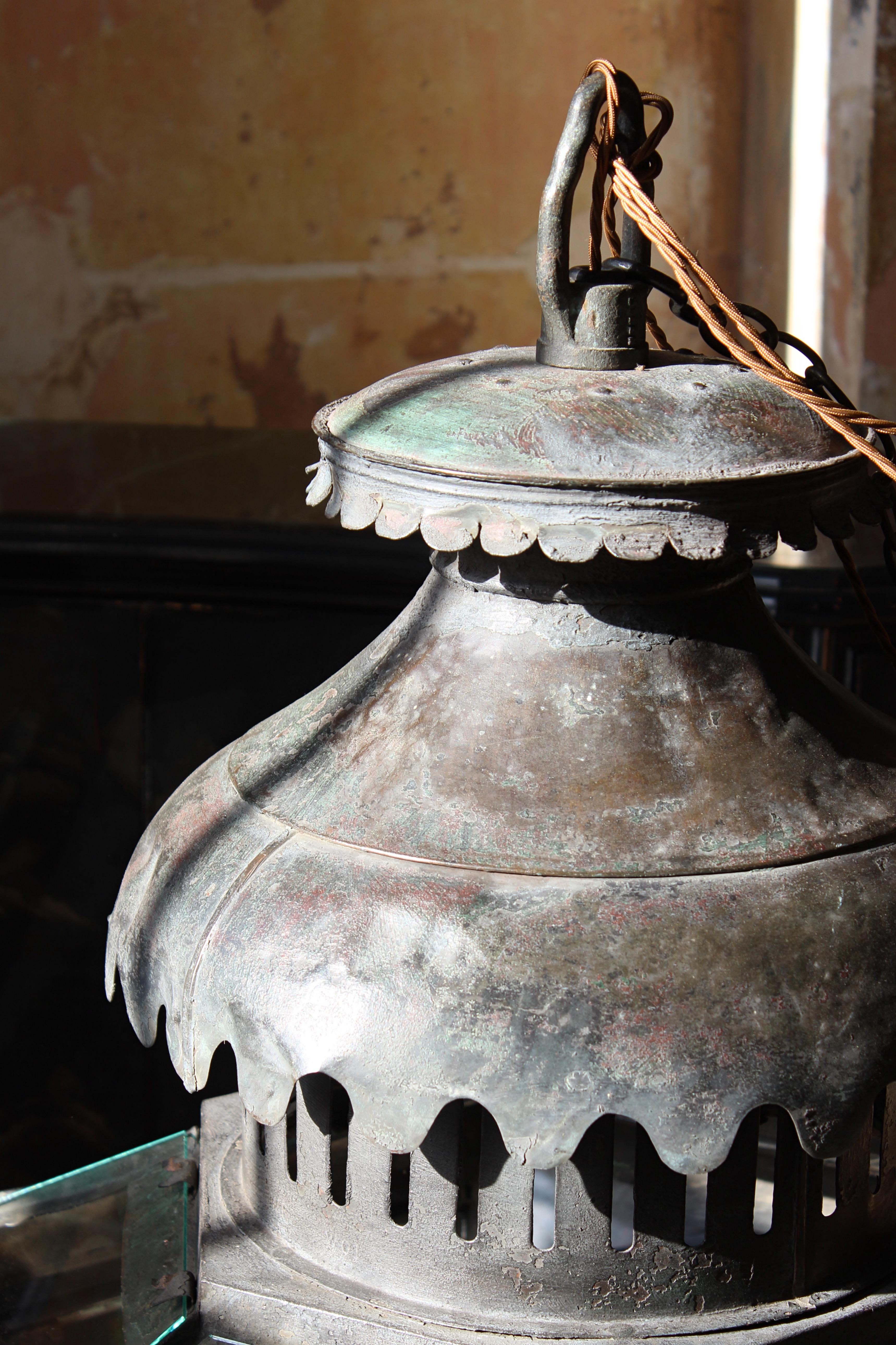 19th century Monumental Huge Copper Glazed Lantern Light Chandelier Verdigris  5