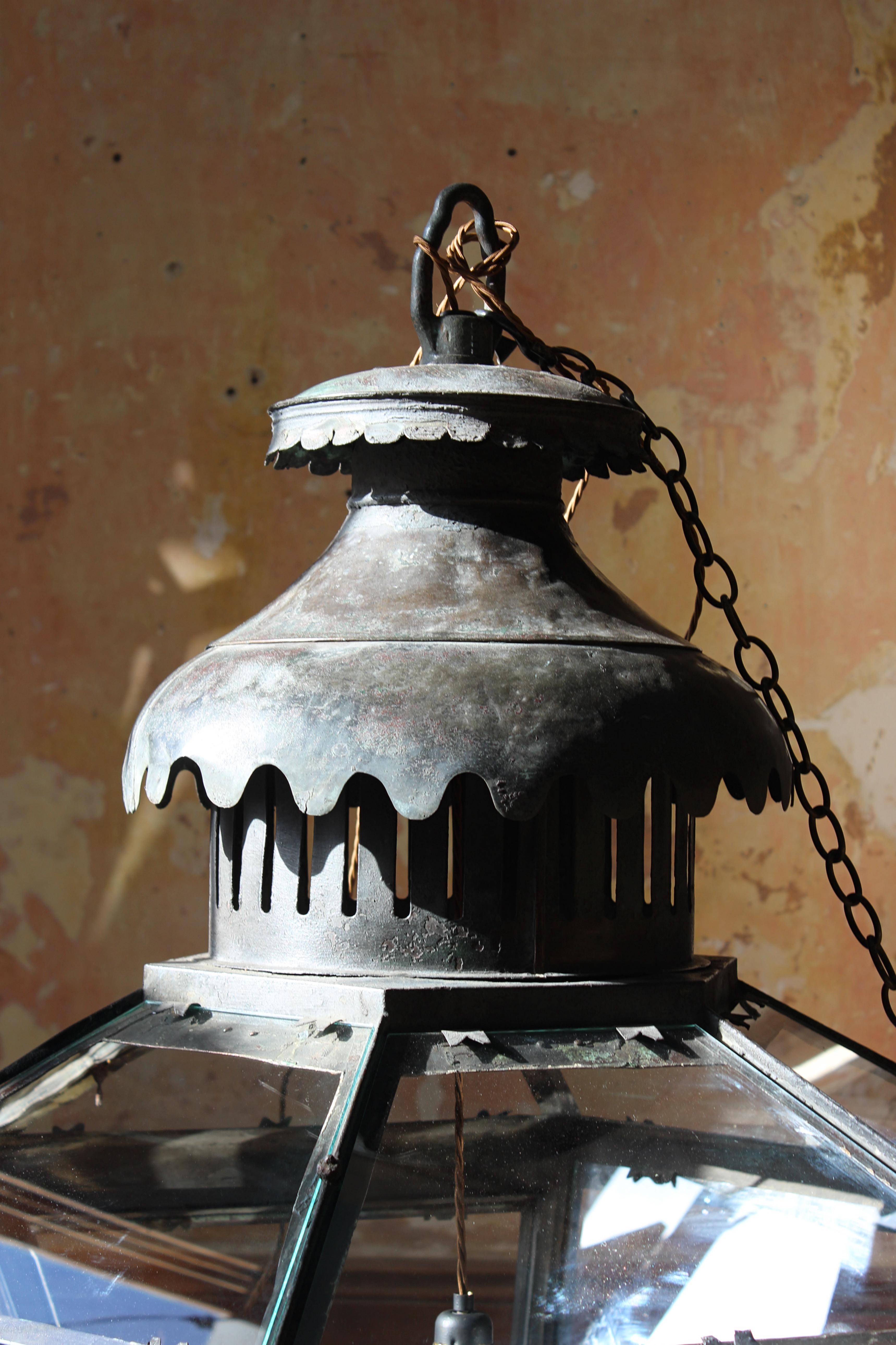 19th century Monumental Huge Copper Glazed Lantern Light Chandelier Verdigris  8
