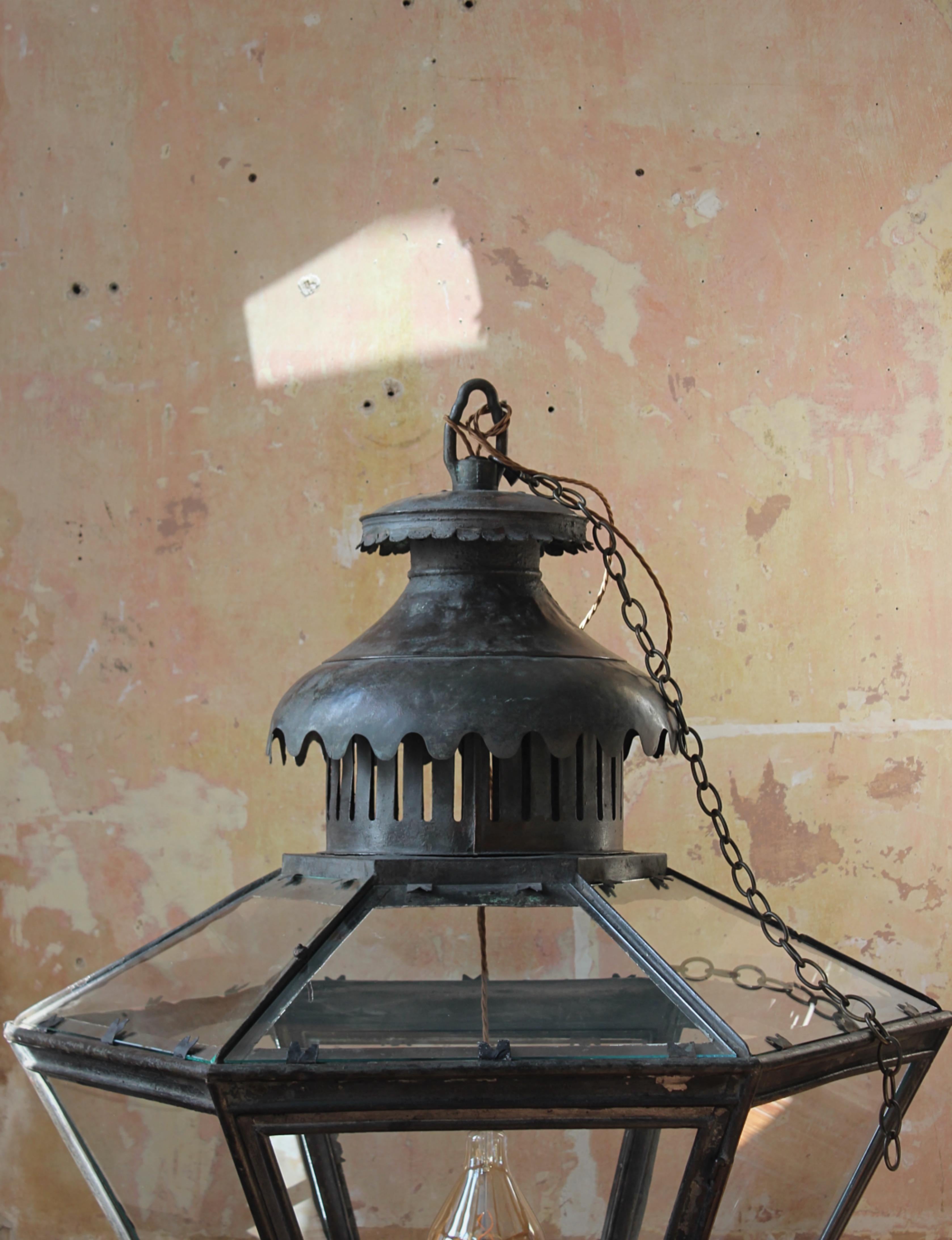 19th century Monumental Huge Copper Glazed Lantern Light Chandelier Verdigris  9
