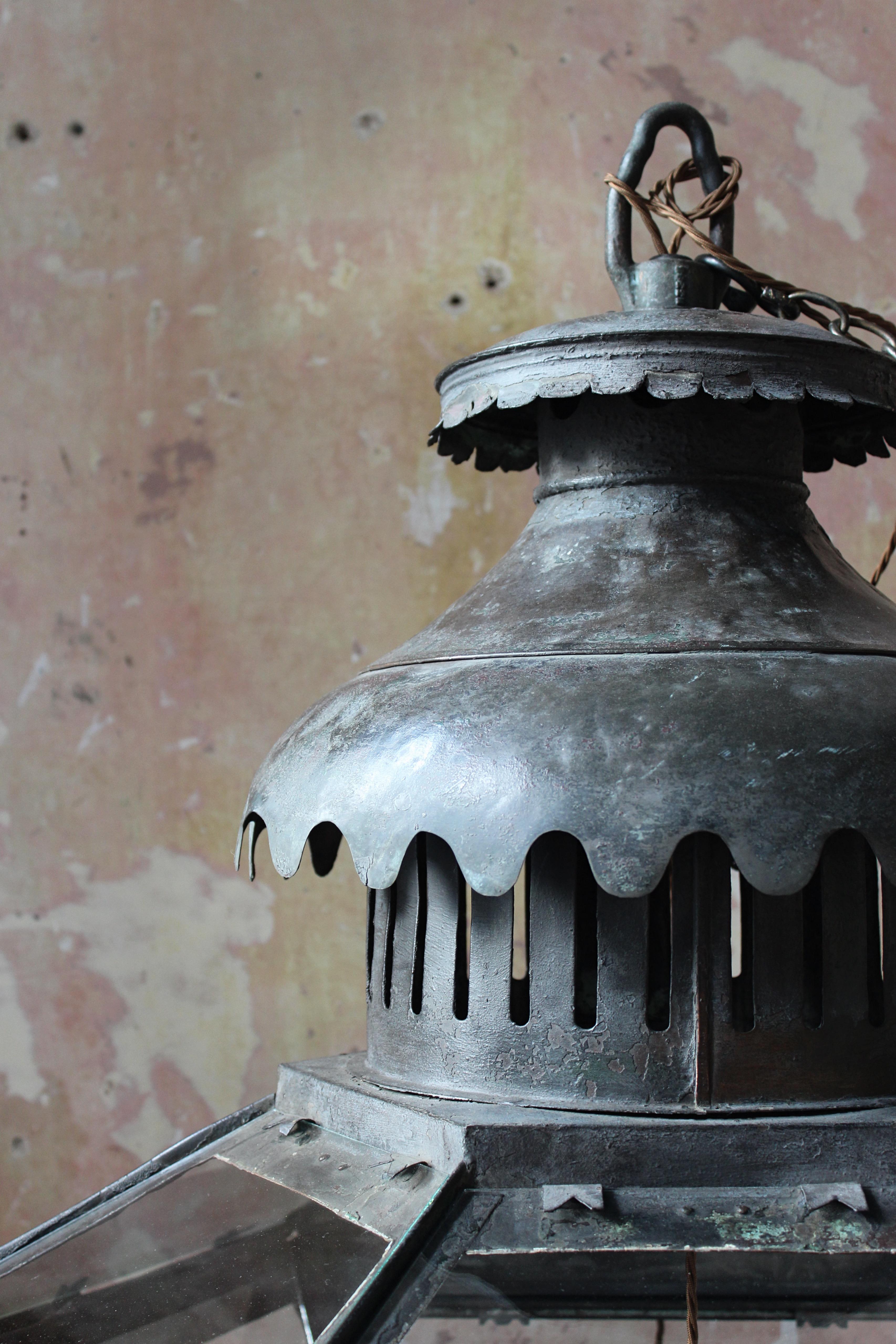 19th century Monumental Huge Copper Glazed Lantern Light Chandelier Verdigris  10
