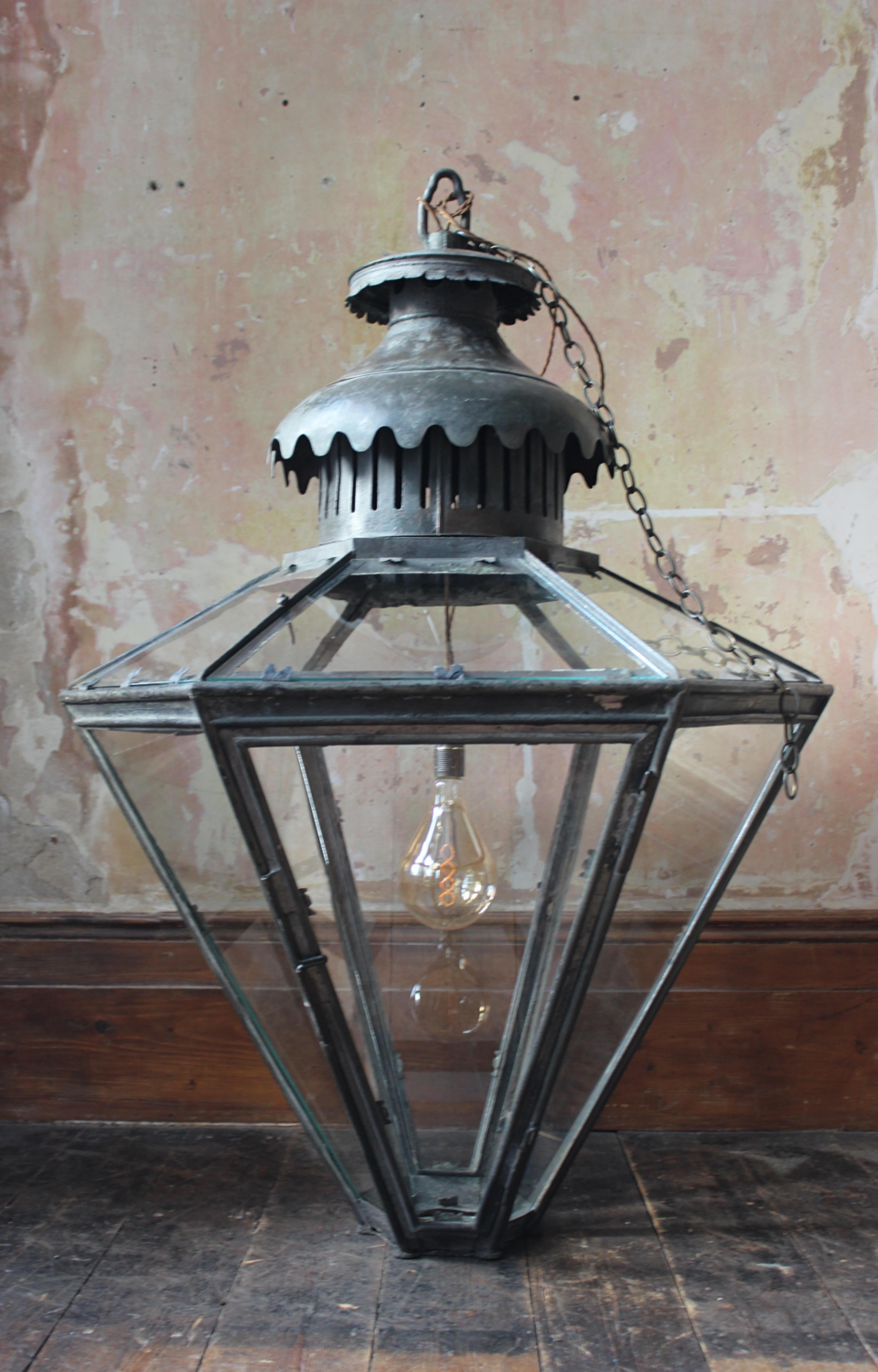 19th century Monumental Huge Copper Glazed Lantern Light Chandelier Verdigris  11