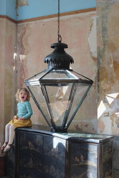19th century Monumental Huge Copper Glazed Lantern Light Chandelier Verdigris