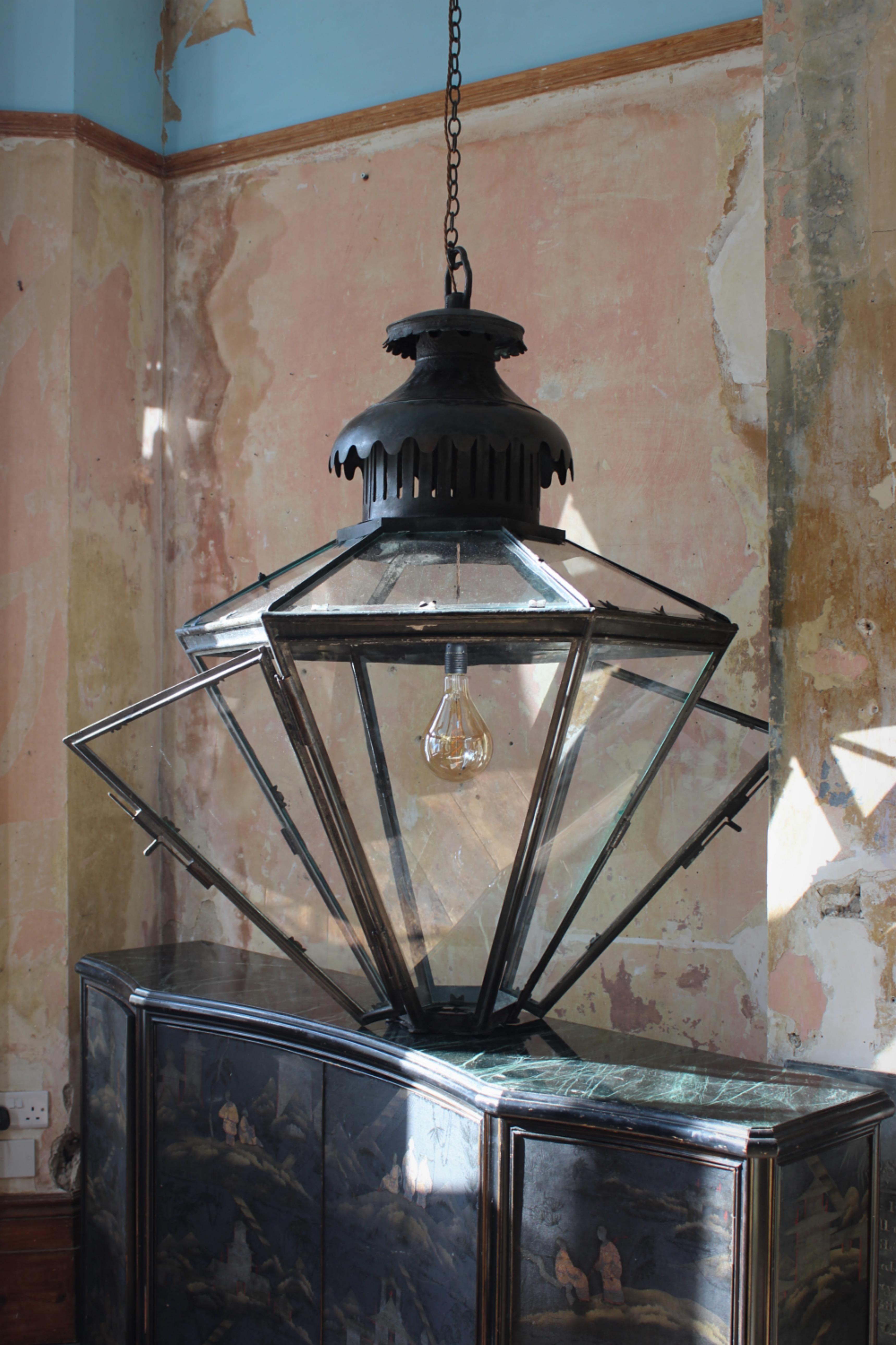 Late Victorian 19th century Monumental Huge Copper Glazed Lantern Light Chandelier Verdigris 