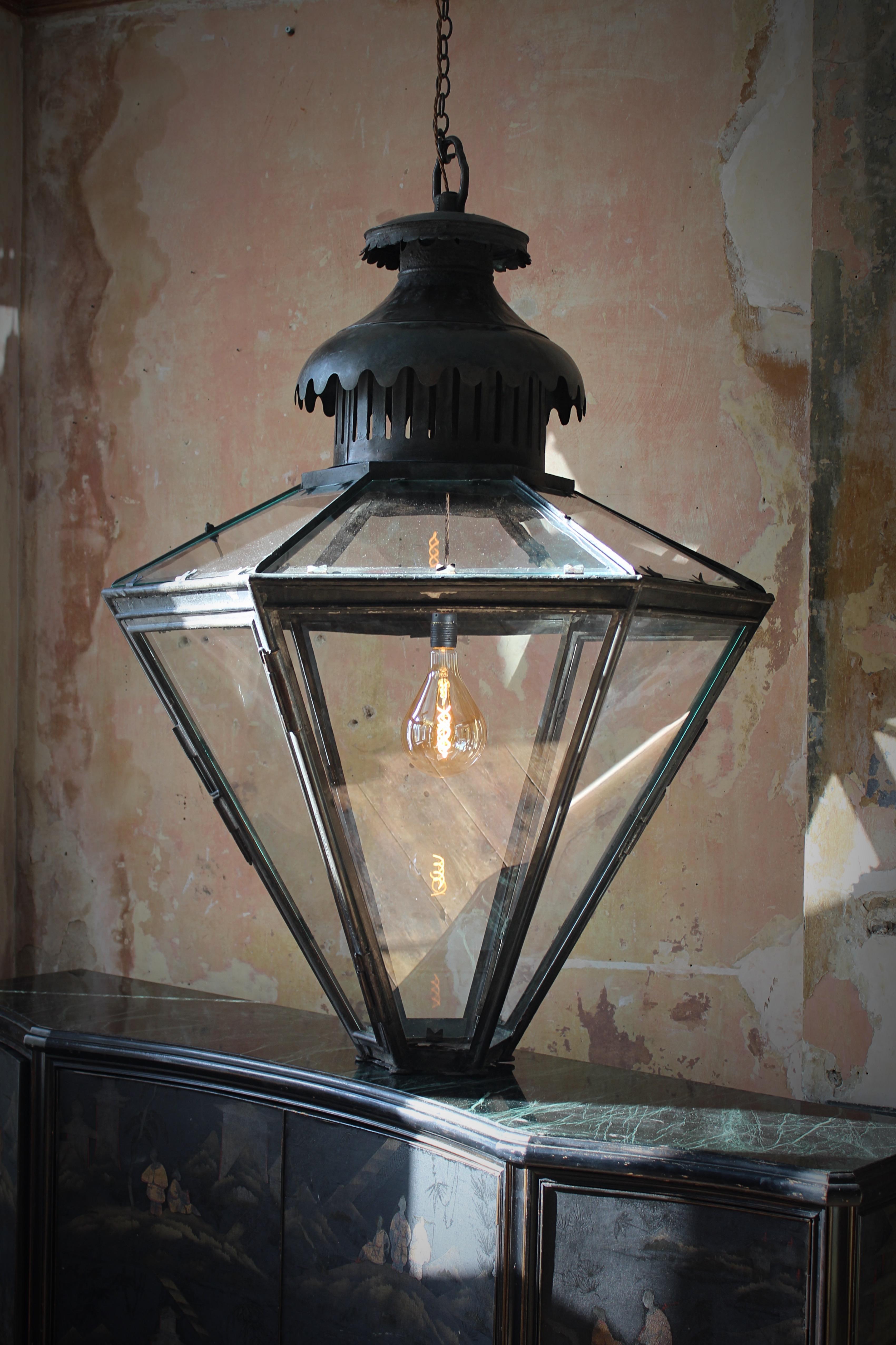 19th century Monumental Huge Copper Glazed Lantern Light Chandelier Verdigris  1